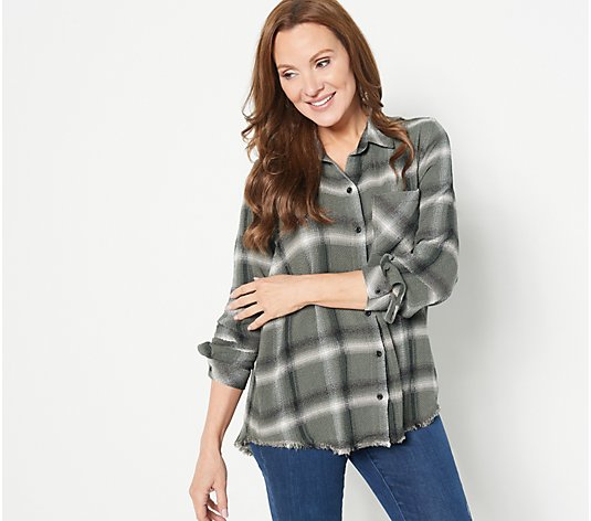 "As Is" Side Stitch Cozy Pucker Plaid Button Down Top with Fray Hem