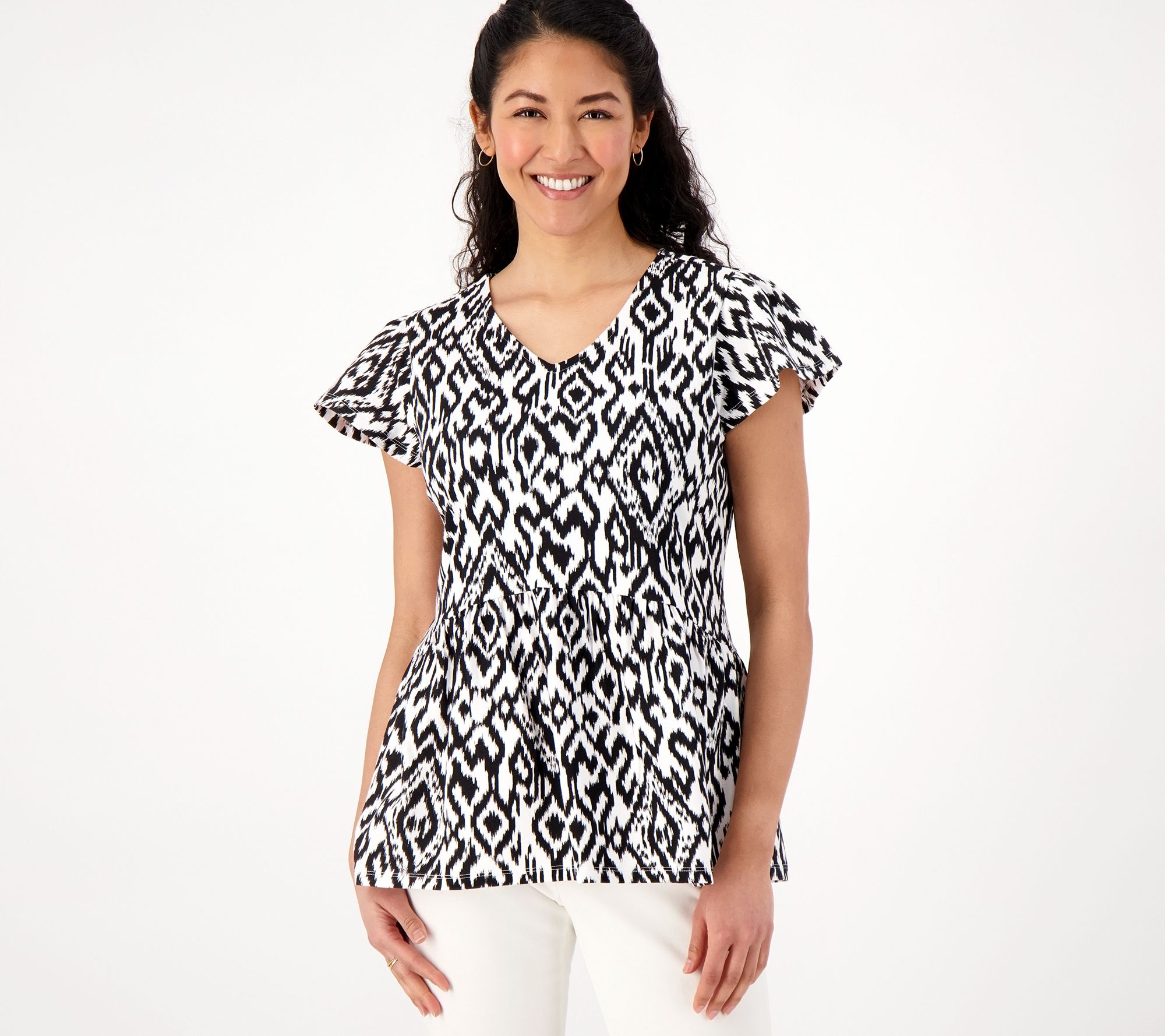 Denim & Co. Printed Favorite Jersey V-Neck Flutter Cap Sleeve Top