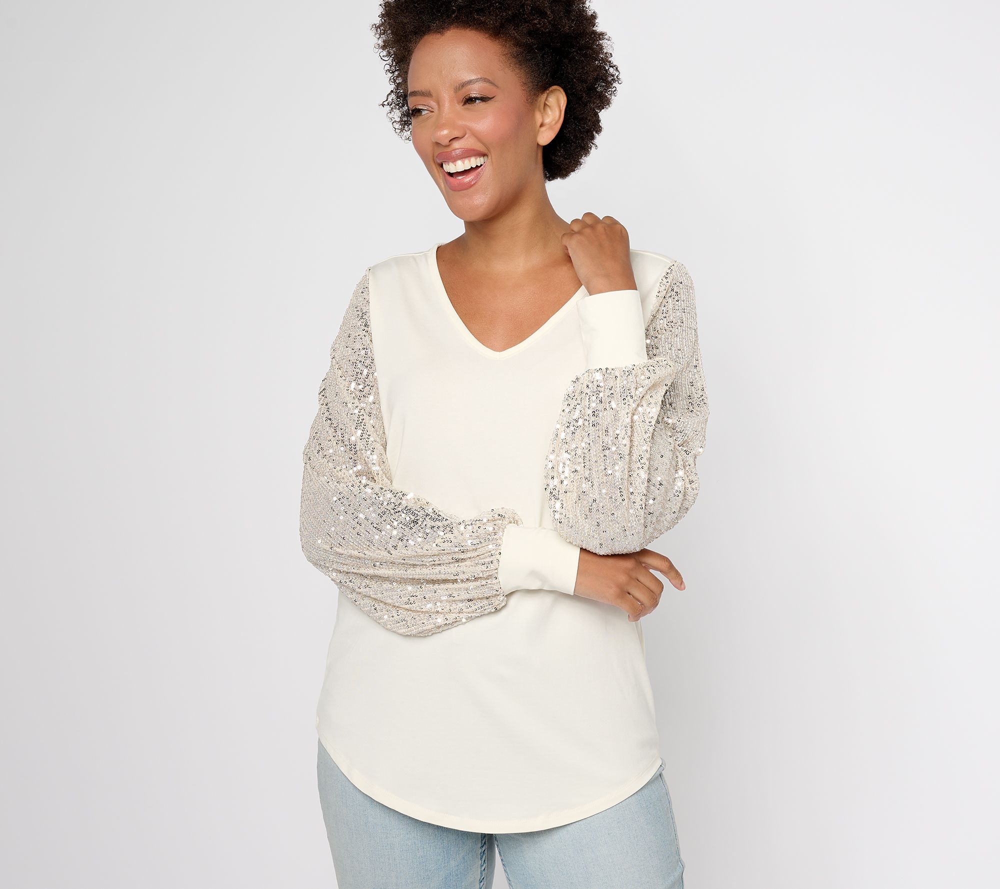 Jingle Belles by Kim Gravel TripleLuxe Knit V-Neck Sequin Sleeve Top