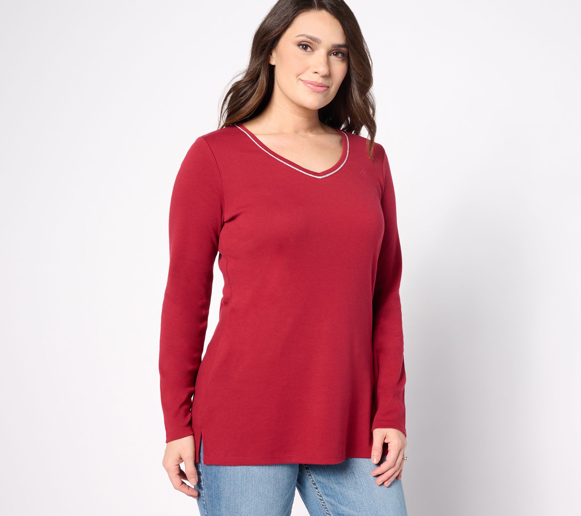 Denim & Co. Essentials Waffle Knit Split Neck Long Sleeve Top 