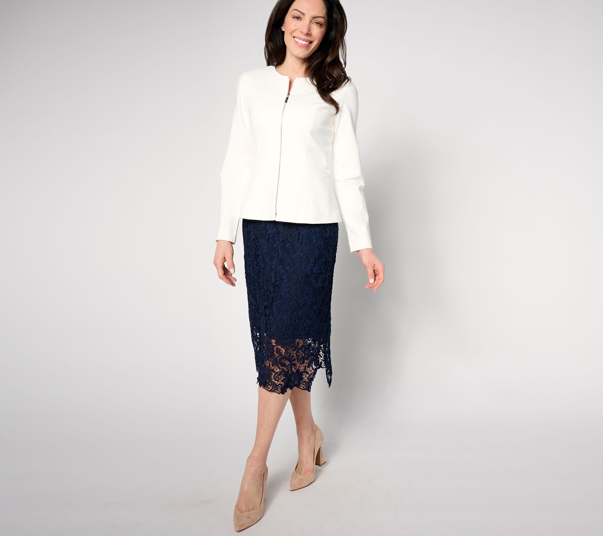 Susan Graver Occasions Regular Lace Side Zip Midi Skirt