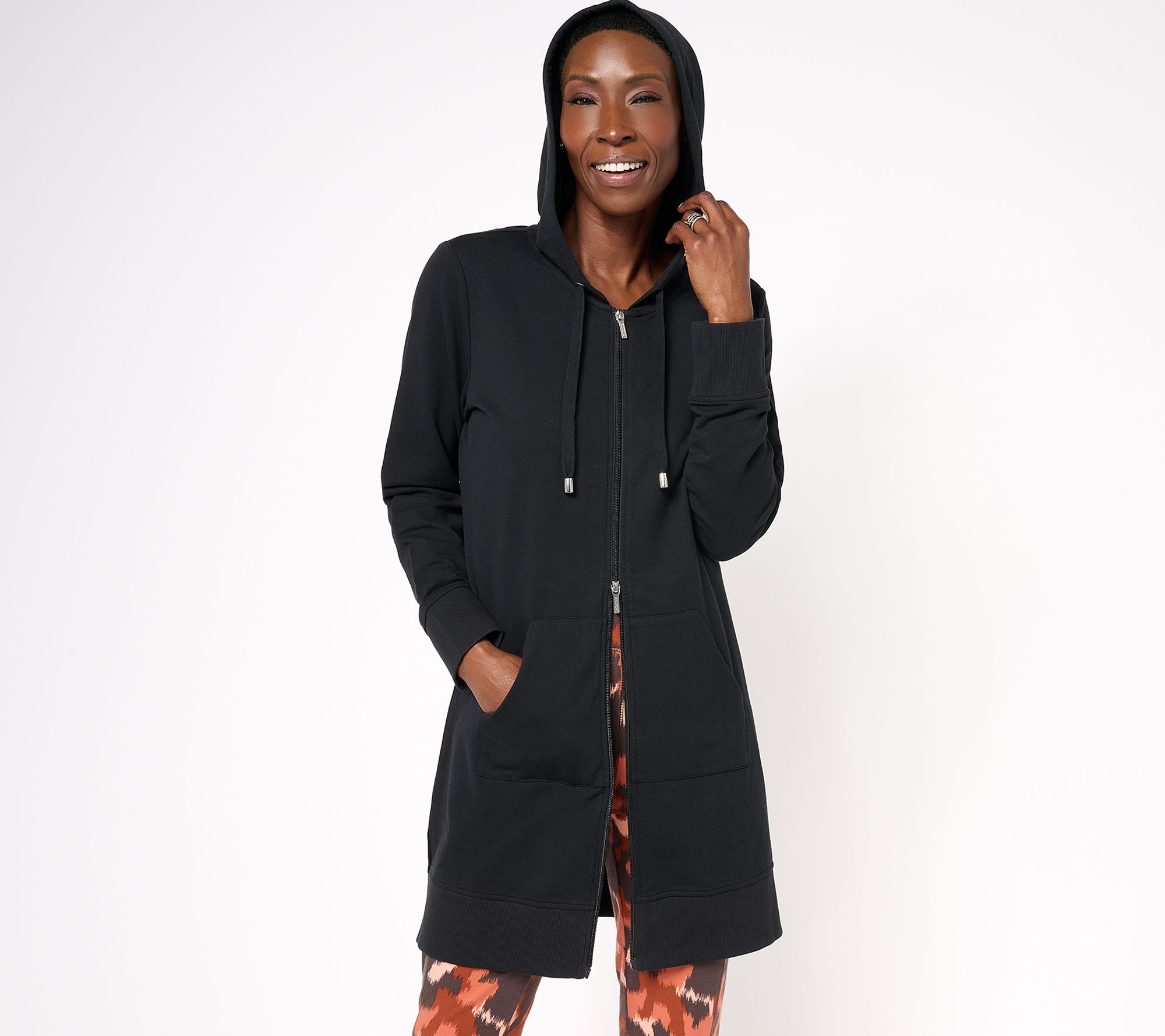 "As Is" Denim & Co. Active French Terry Petite Hooded Tunic Jacket