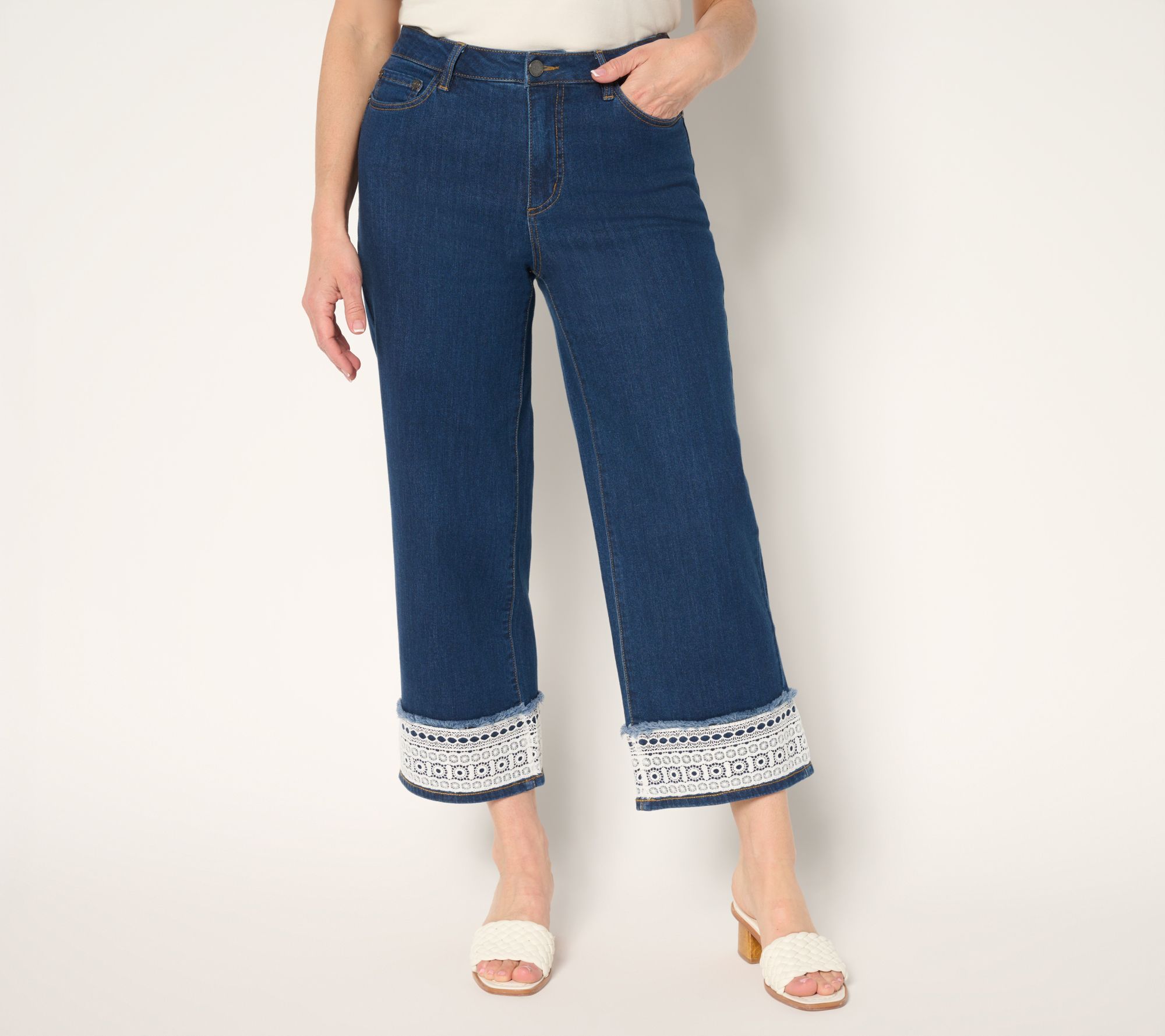 Susan Graver Petite Stretch Denim Wide-Leg Crop Jean with Lace Trim