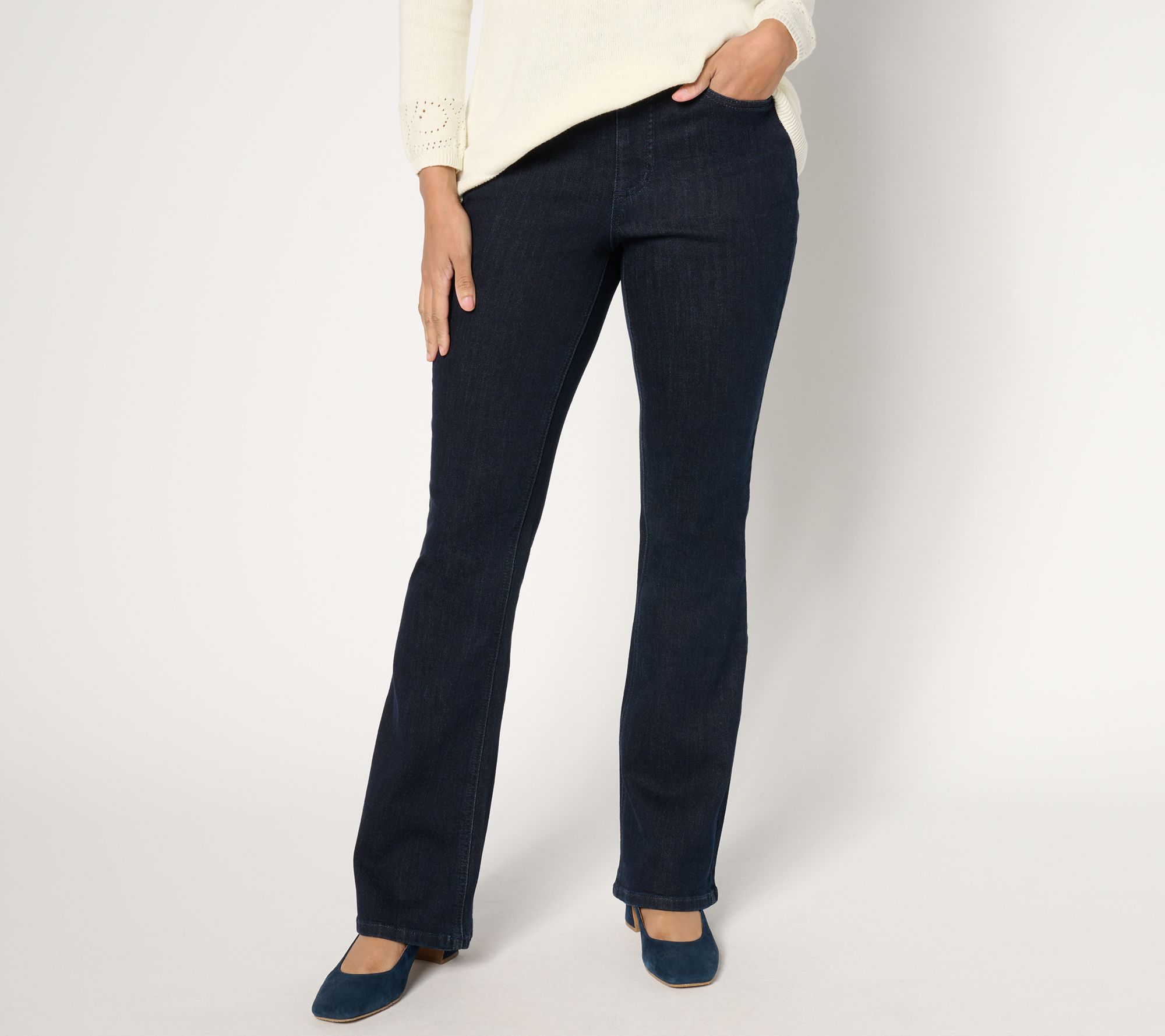 Susan Graver Petite Stretch Denim Pull-On Flare Jeans -Indigo
