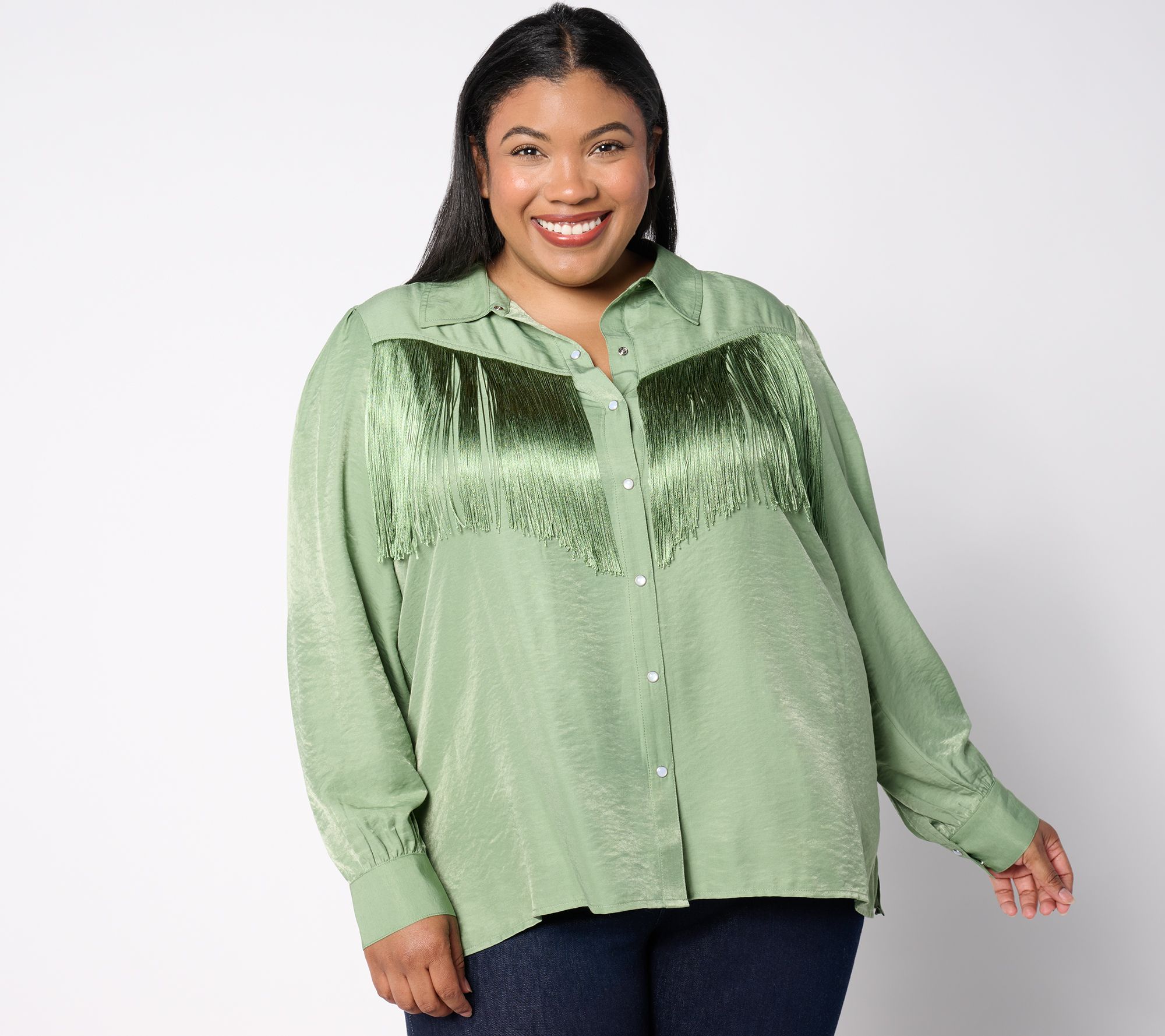 American West by Carolyn Pollack Button Front Fringe Blouse