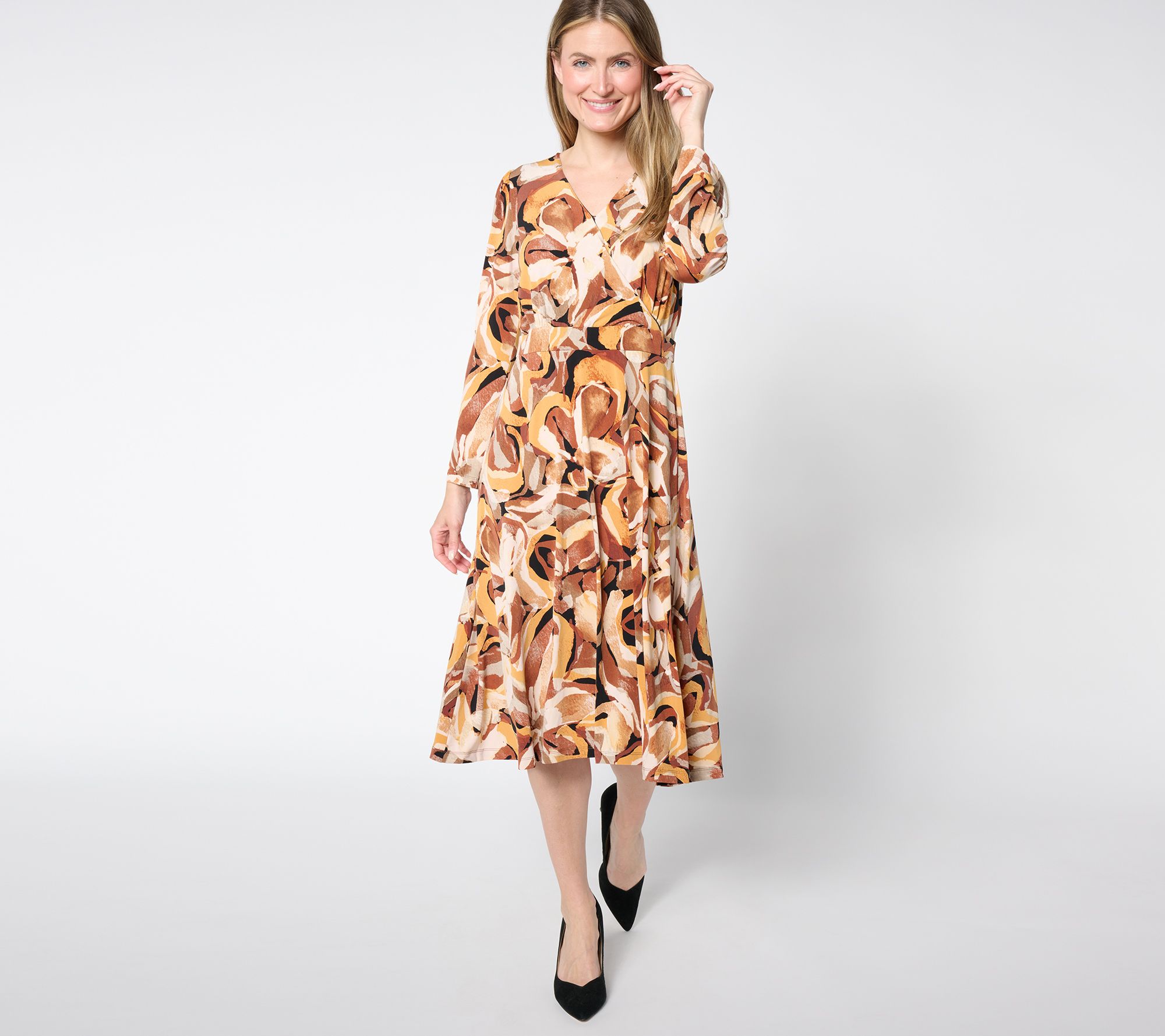 Susan Graver Pet Printed Liquid Knit Long-Sleeve Wrap Dress