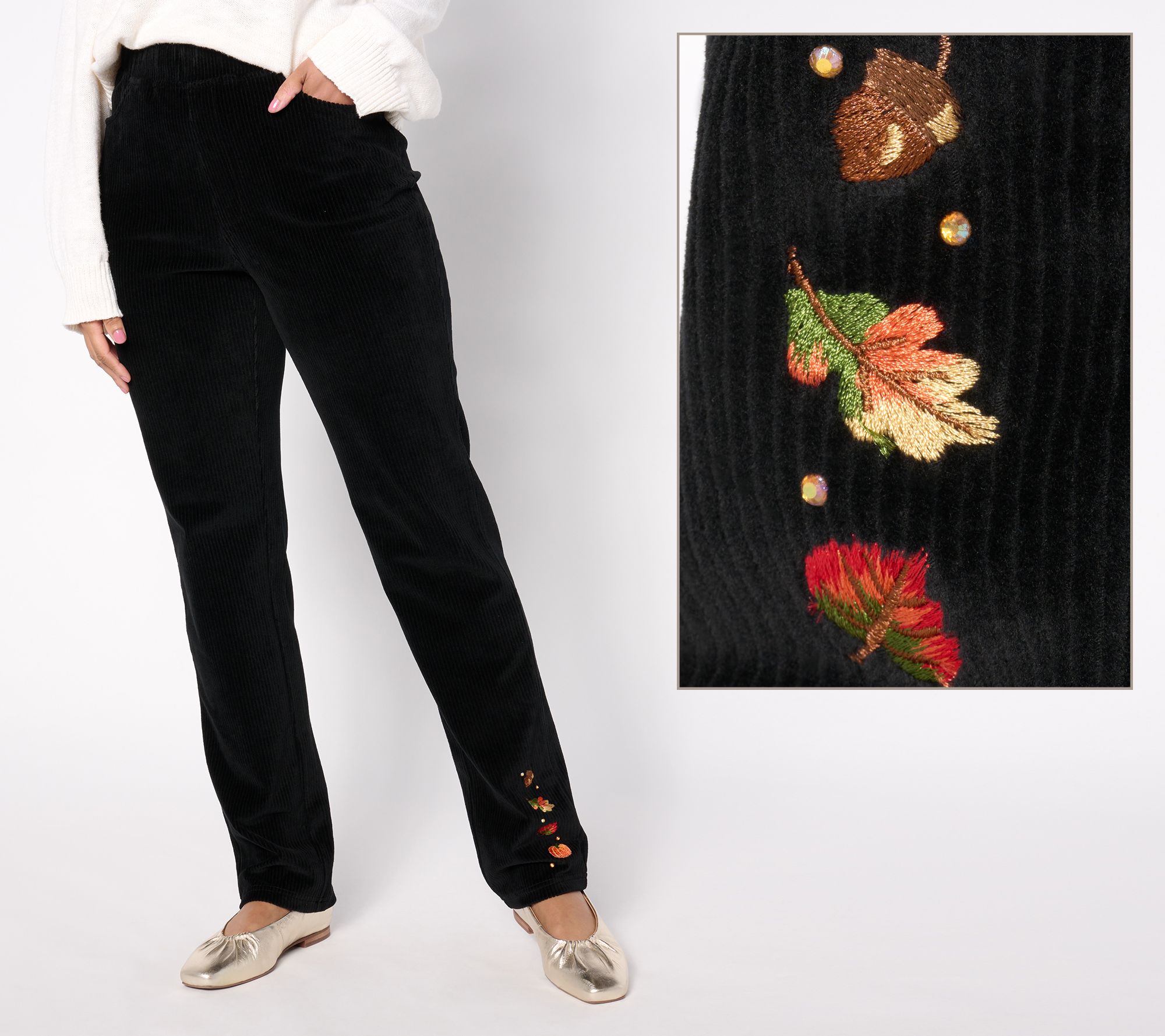 Quacker Factory Short Embroidered Fall Folly Corduroy Pants