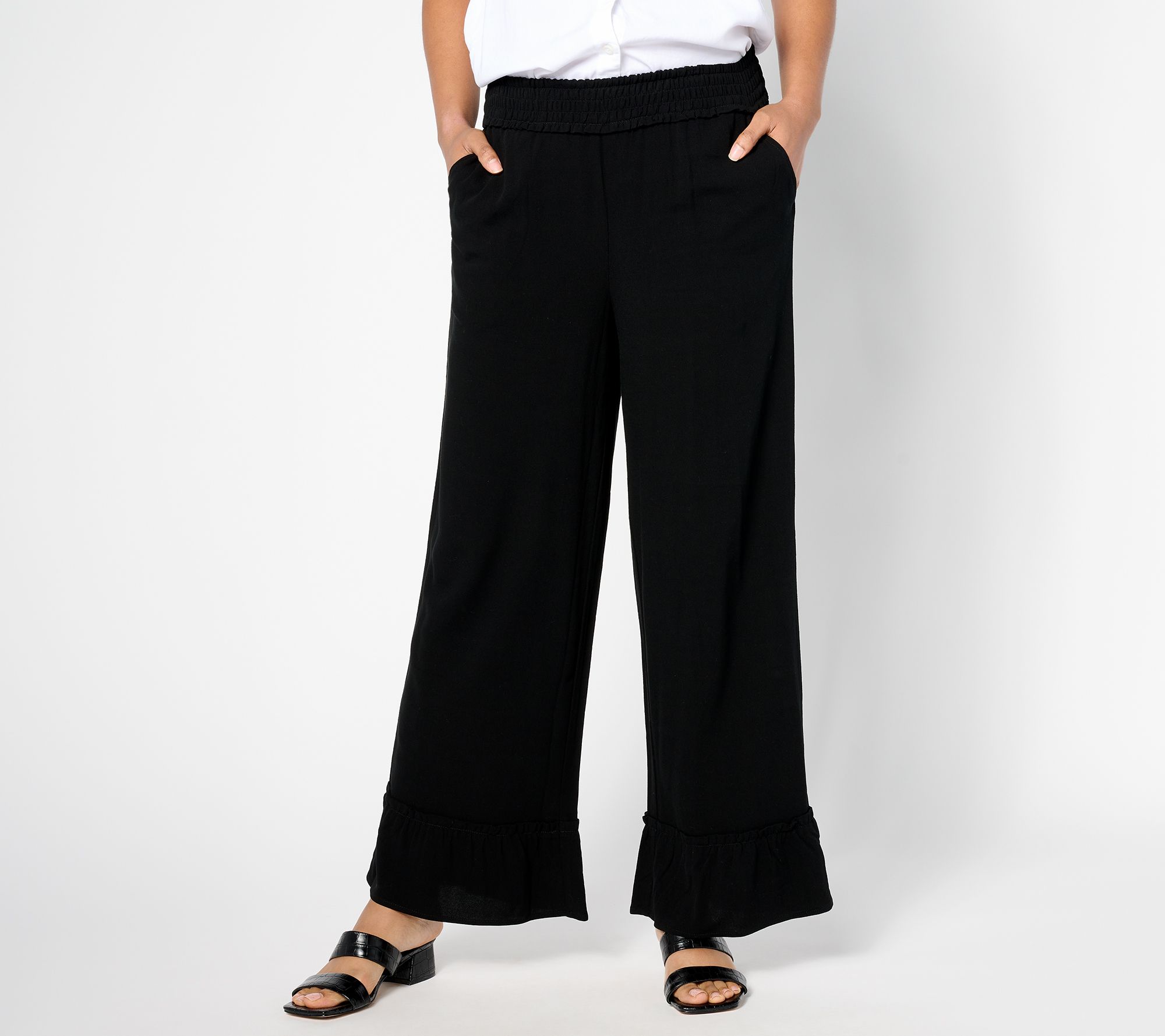 "As Is" Denim & Co. Beach Tall Woven Crepe Ruffled Hem Beach Pant