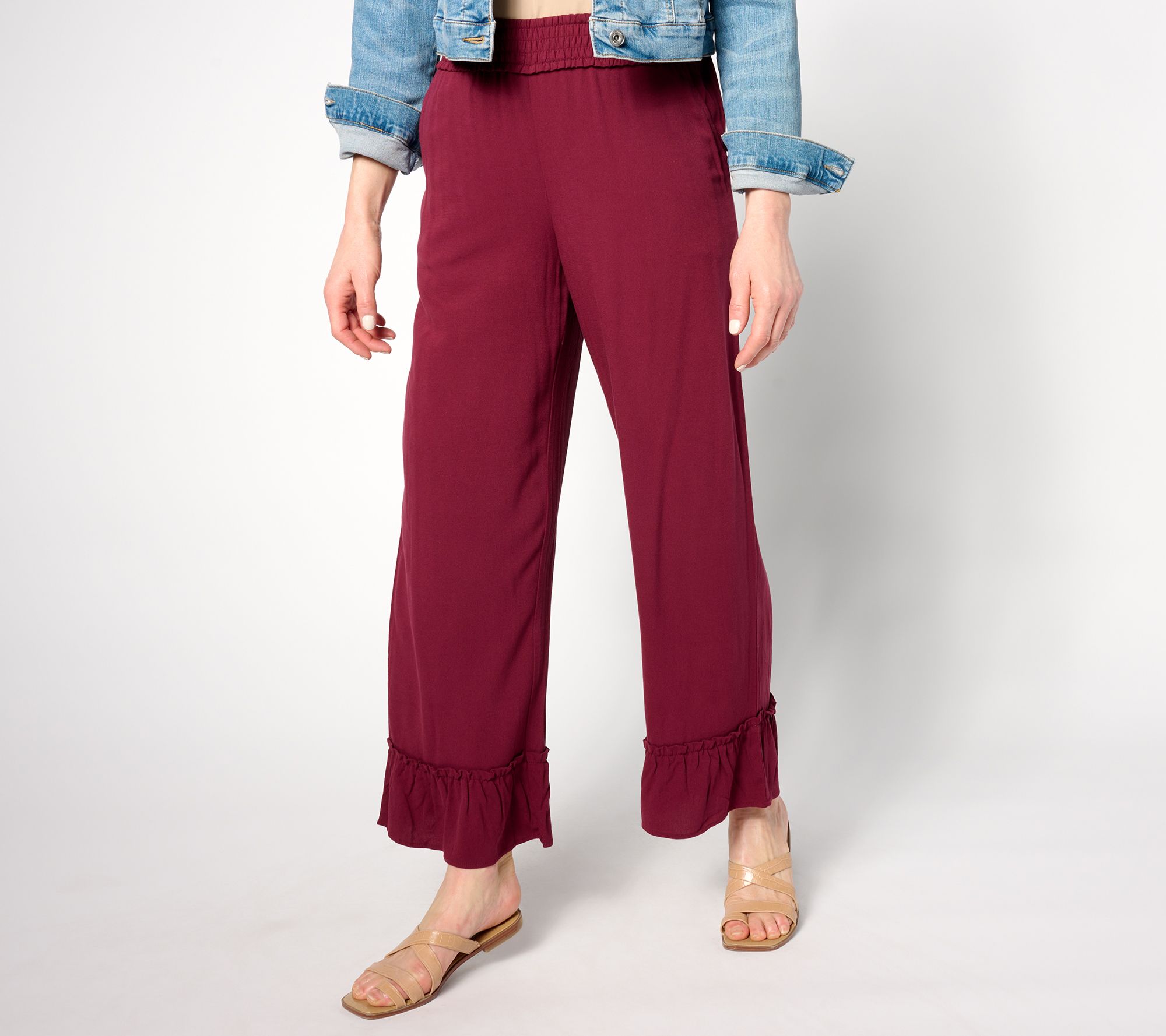 "As Is" Denim & Co. Beach Tall Woven Crepe Ruffled Hem Beach Pant