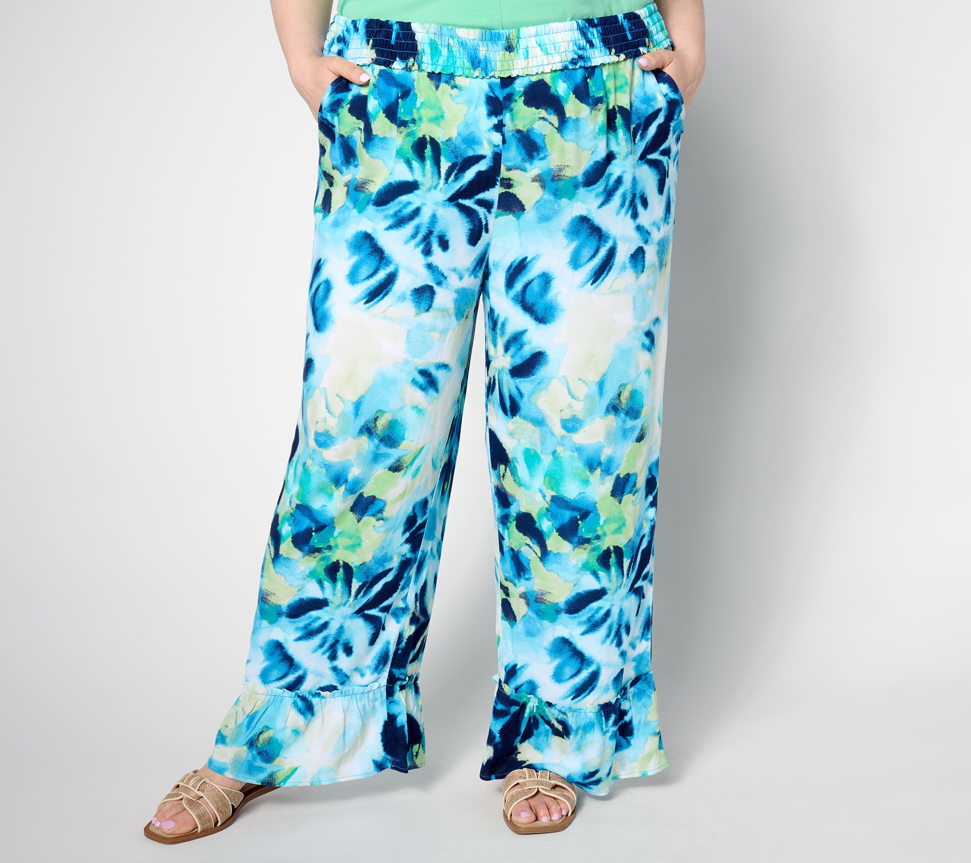 "As Is" Denim & Co. Beach Tall Woven Crepe Ruffled Hem Beach Pant