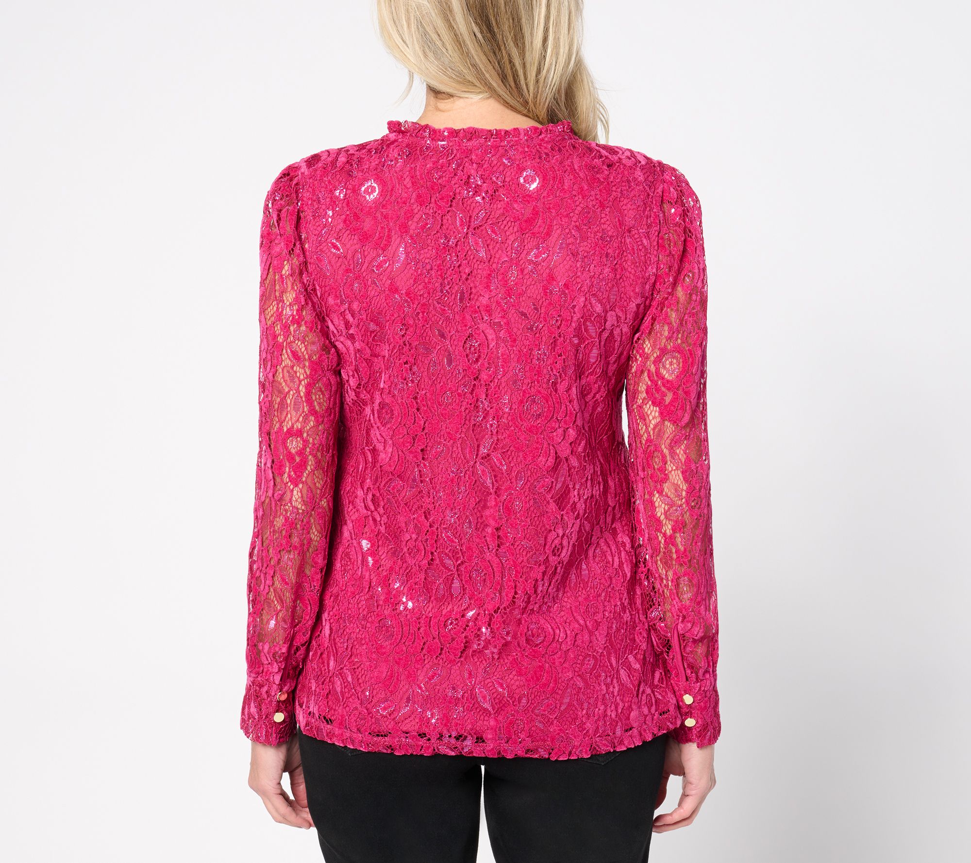 Isaac Mizrahi Live! Split Neck Metallic Lace Long Sleeve Top