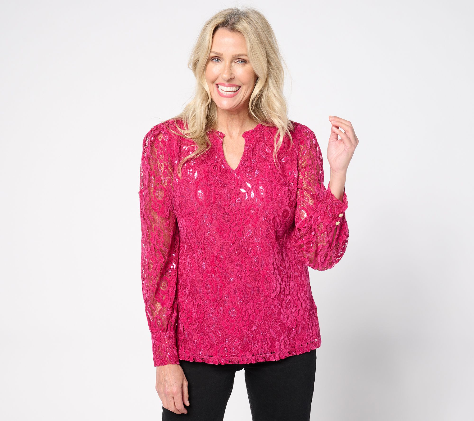 Isaac Mizrahi Live! Split Neck Metallic Lace Long Sleeve Top