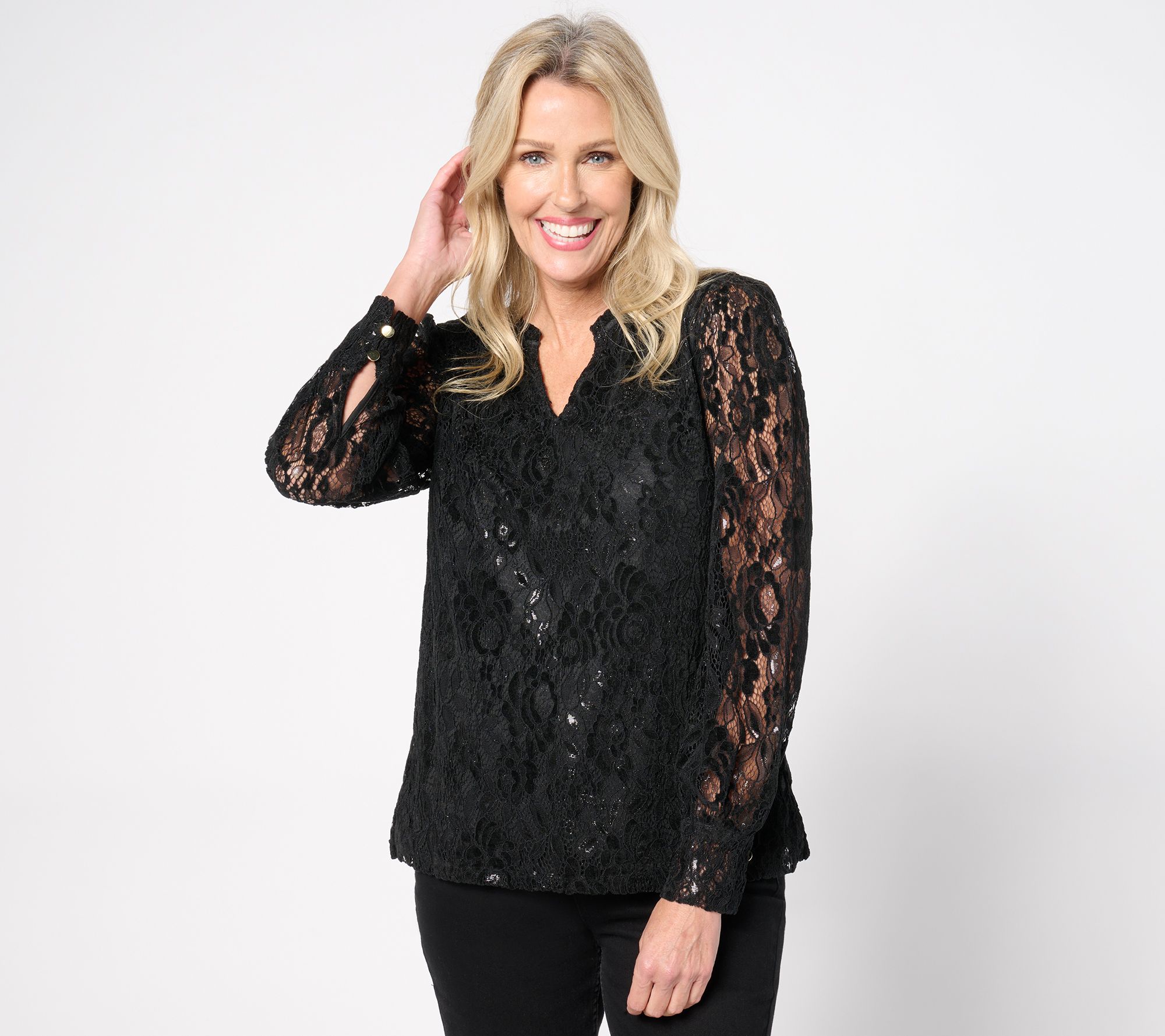 Isaac Mizrahi Live! Split Neck Metallic Lace Long Sleeve Top