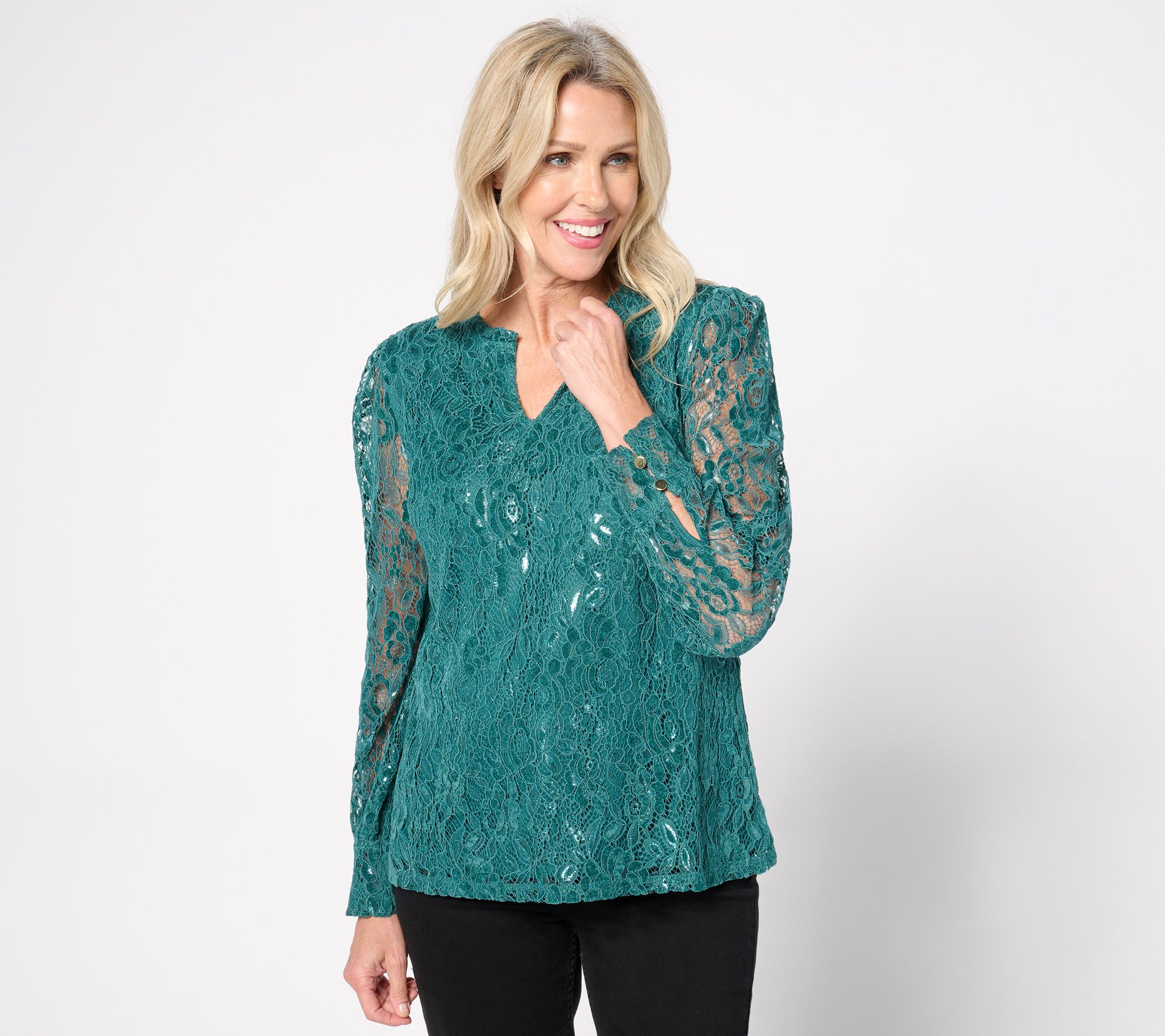 Isaac Mizrahi Live! Split Neck Metallic Lace Long Sleeve Top