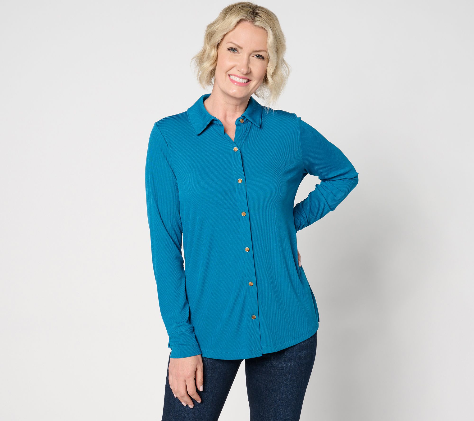 Denim & Co. Rib Knit Button-Front Collared Blouse