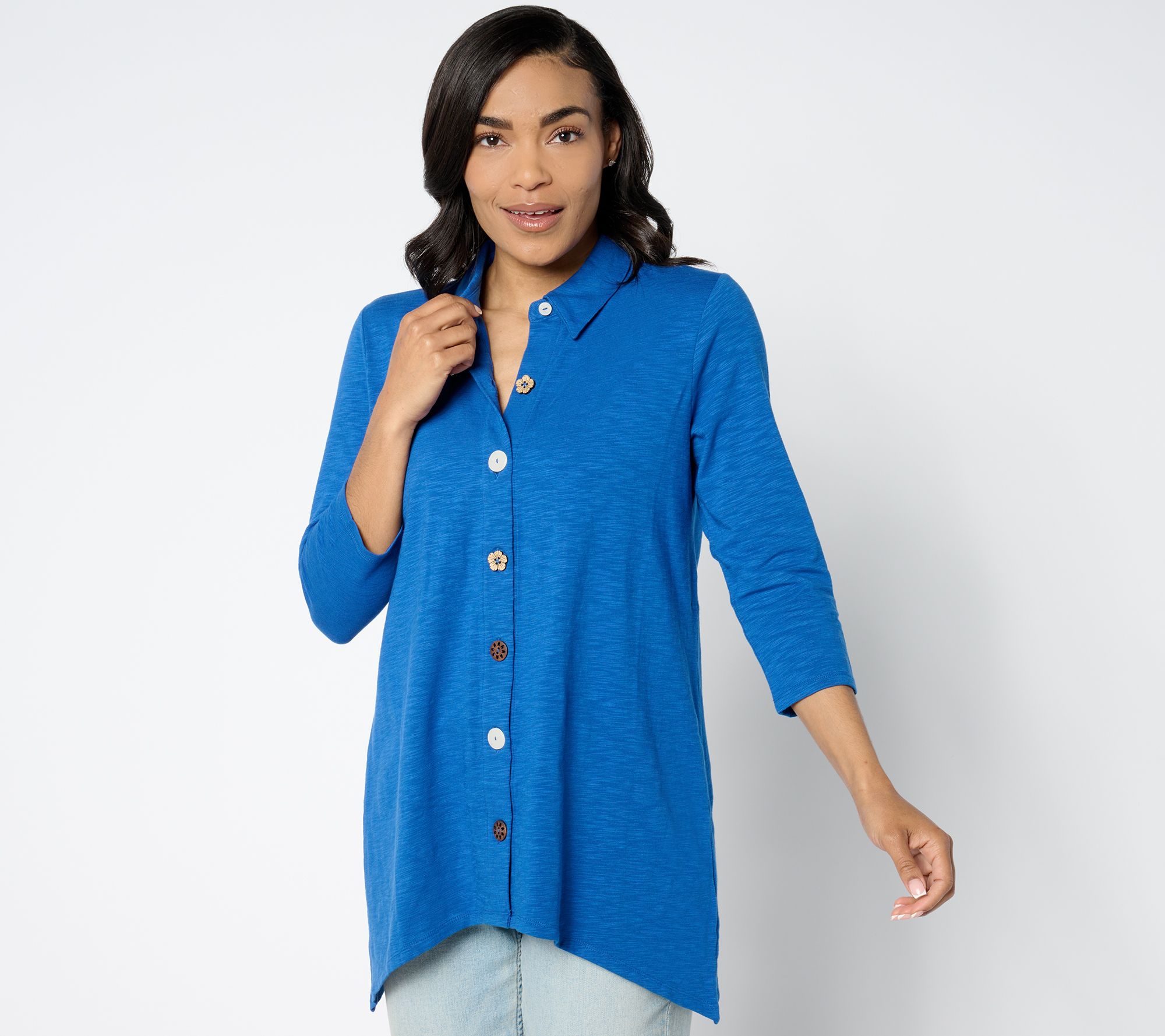 "As Is" Denim & Co. Regular Texture Knit 3/4 Sleeve Button Tunic