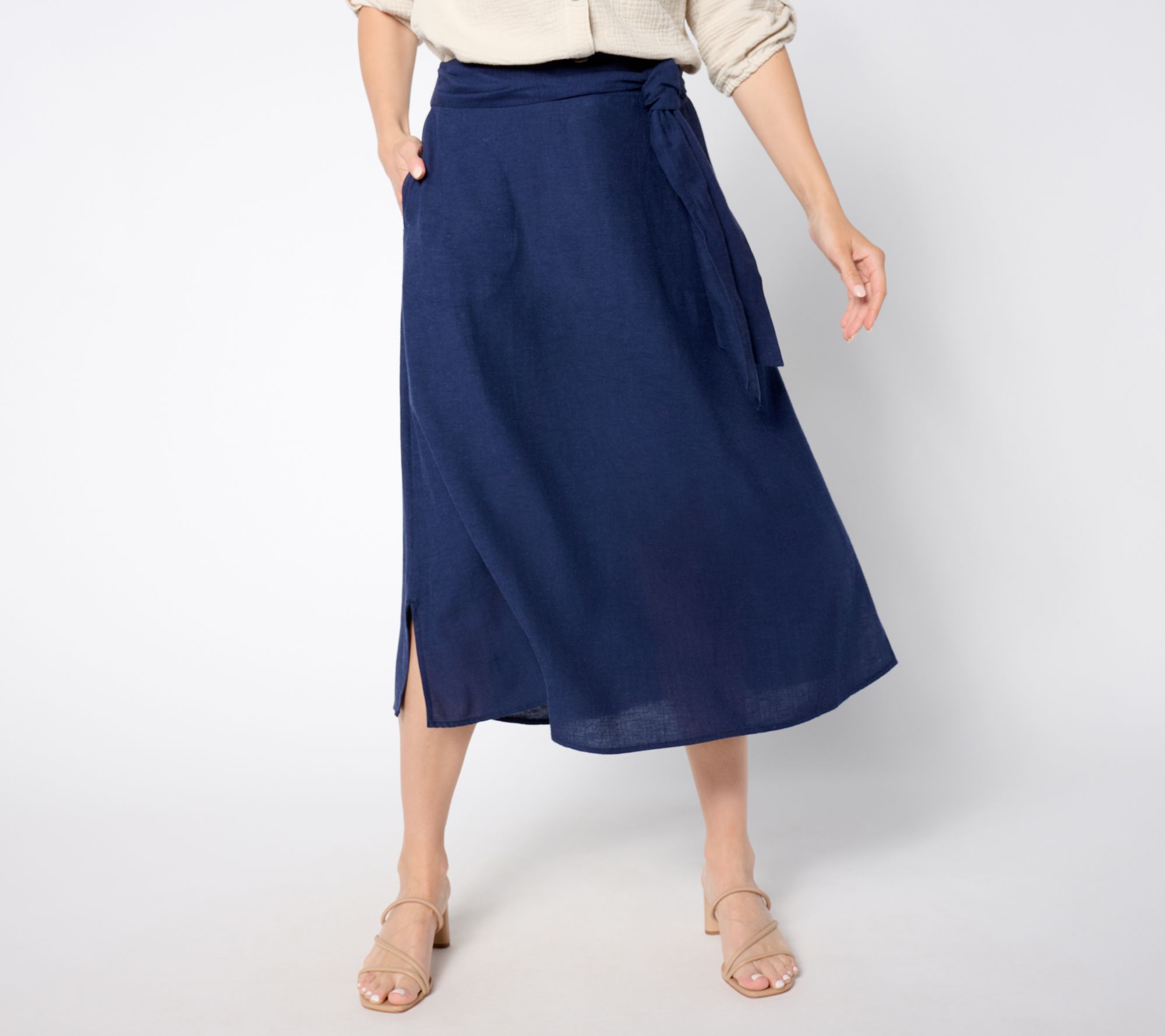 "As Is" Denim & Co. Petite Linen Blend Midi Skirt with Belt