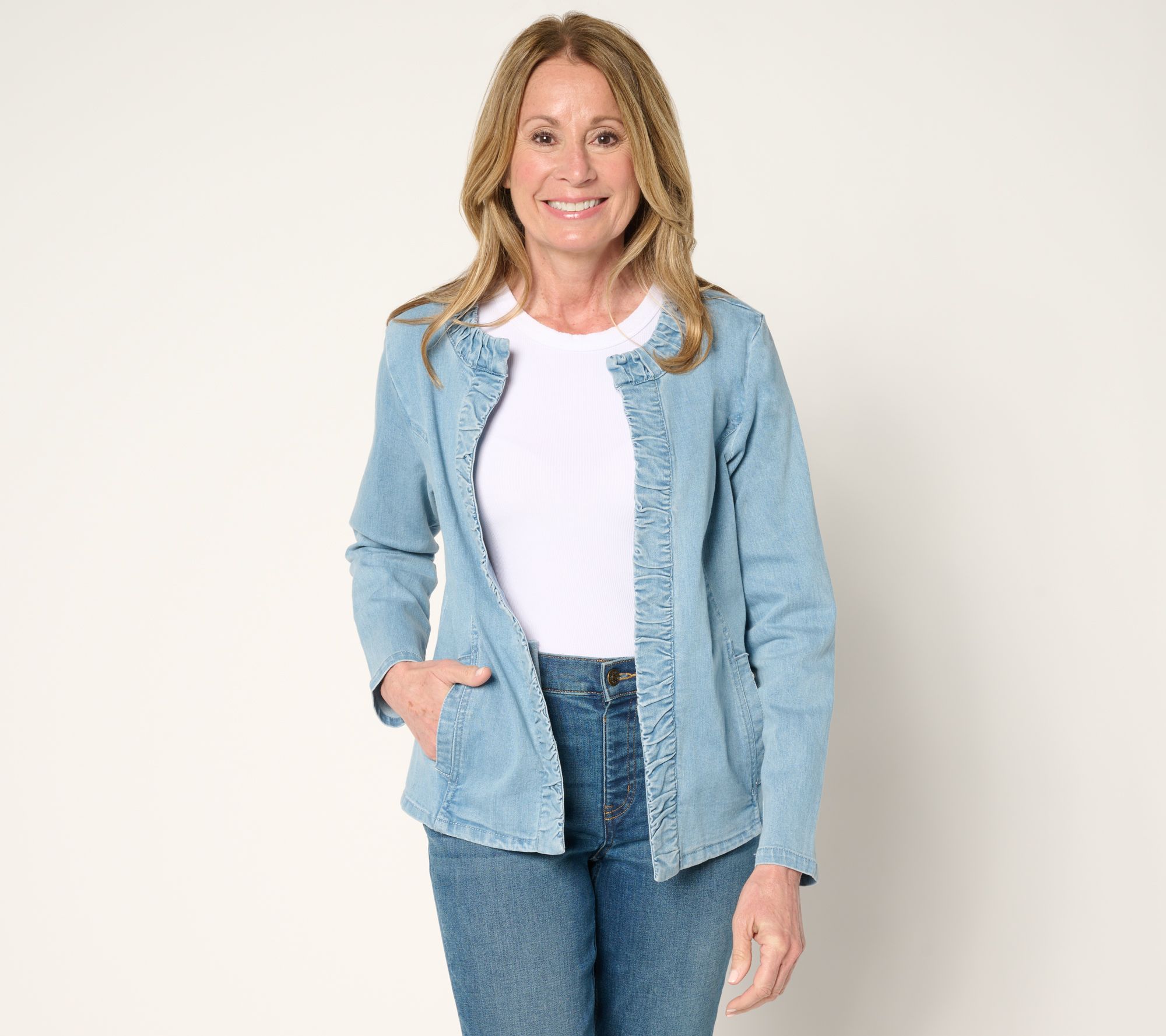 Susan Graver Ruched Front Stretch Denim Jacket