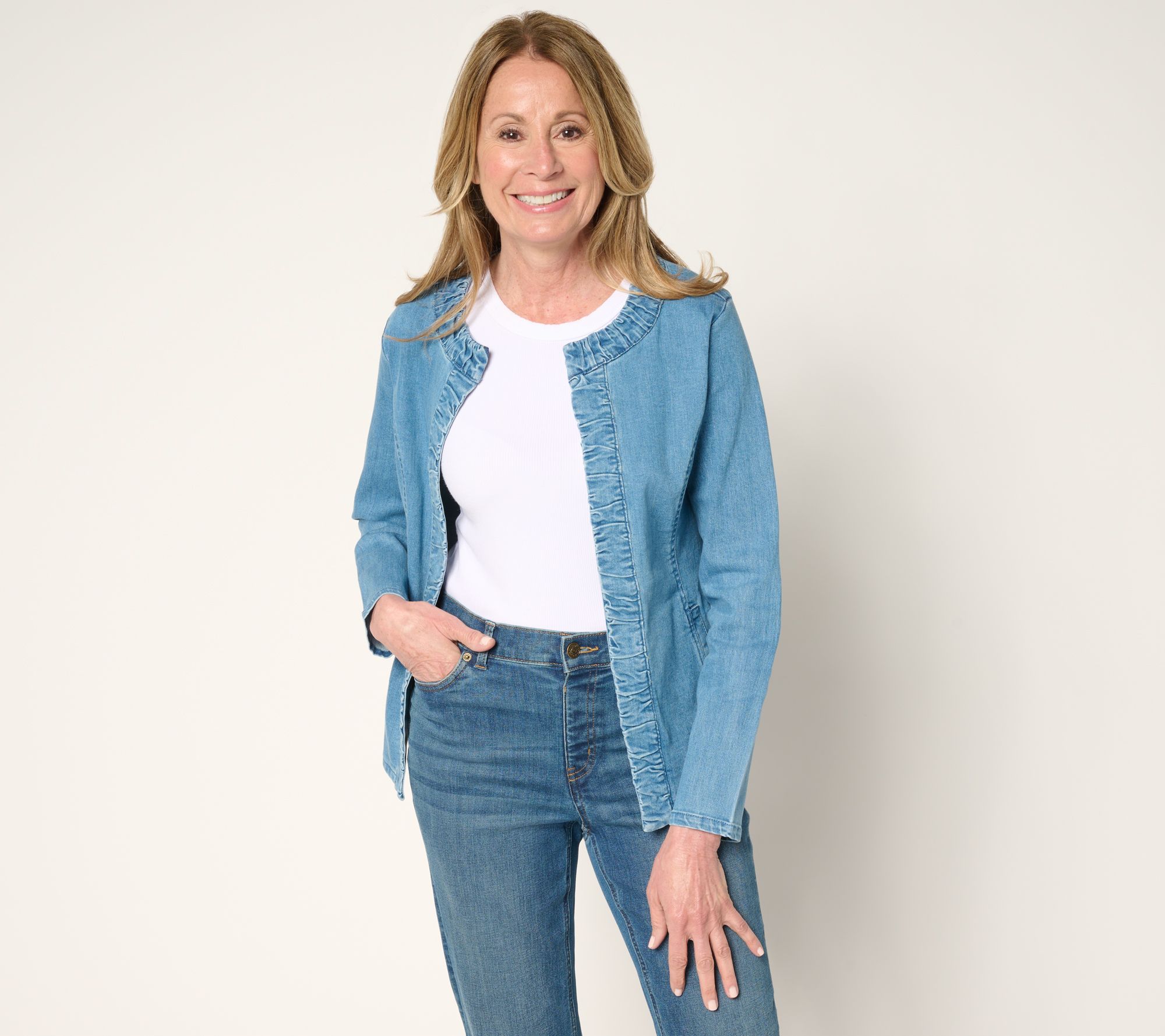 Susan Graver Ruched Front Stretch Denim Jacket