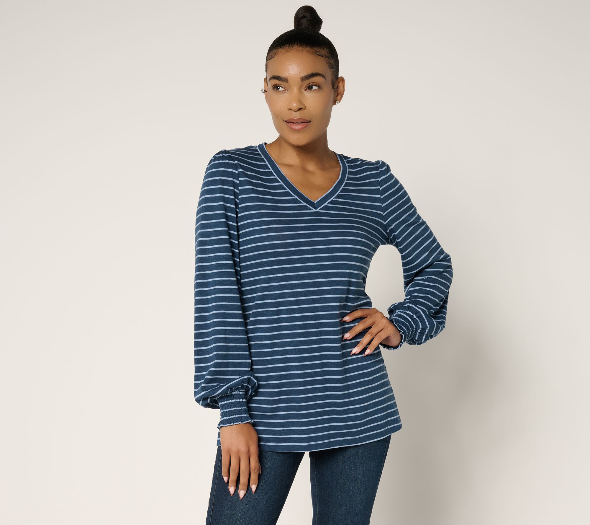 McQ トップス Belle by Kim Gravel Slub Knit Pinstripe V Neck Top - QVC.com