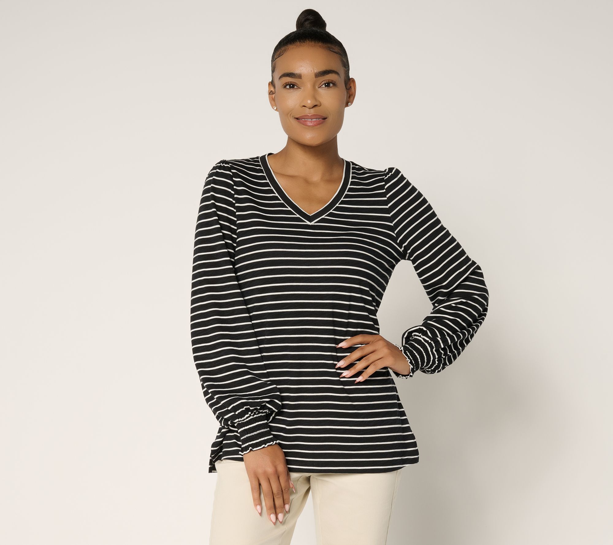 Belle by Kim Gravel Slub Knit Pinstripe V Neck Top