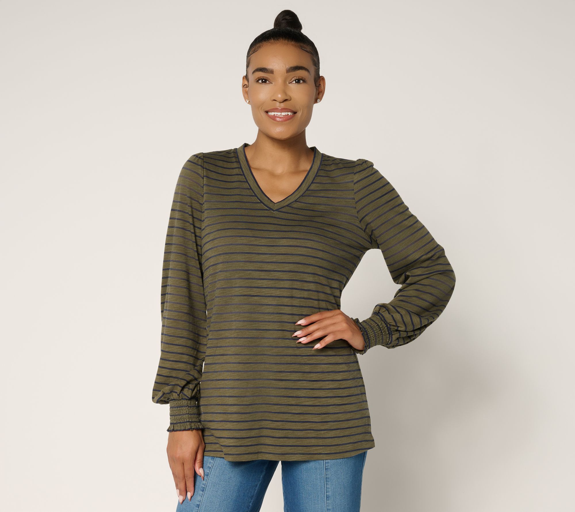Belle by Kim Gravel Slub Knit Pinstripe V Neck Top