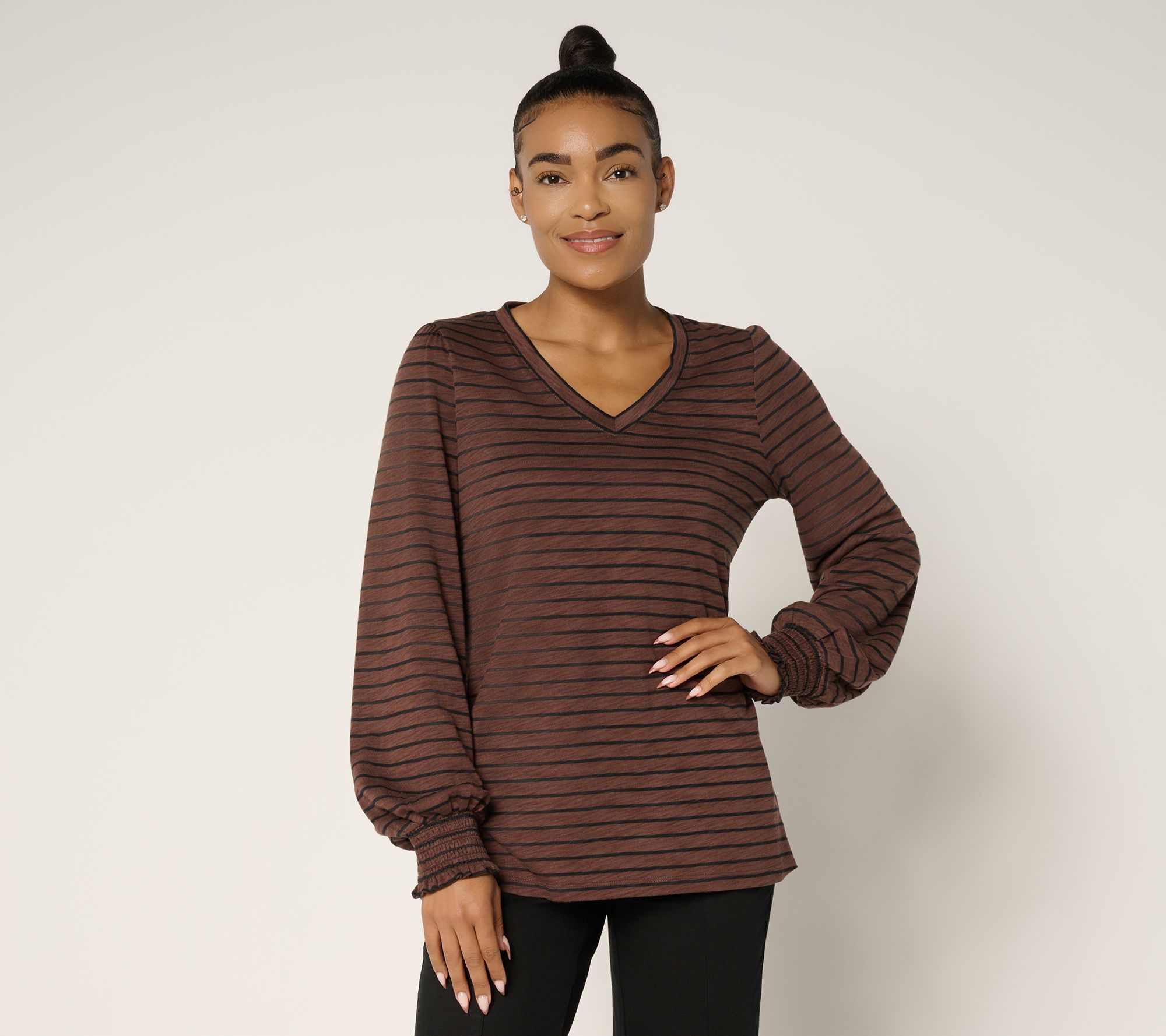 Belle by Kim Gravel Slub Knit Pinstripe V Neck Top