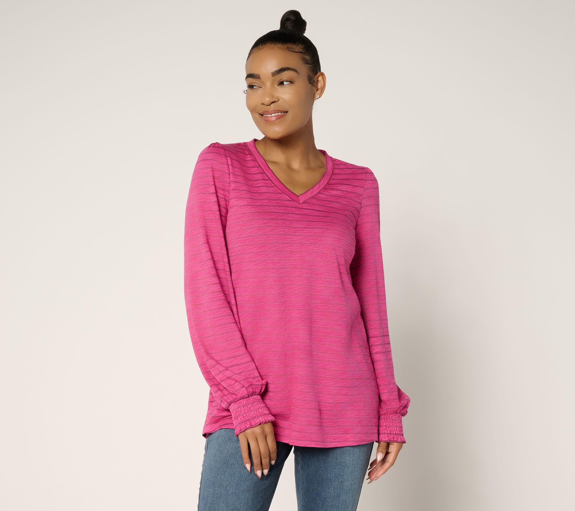 Belle by Kim Gravel Slub Knit Pinstripe V Neck Top
