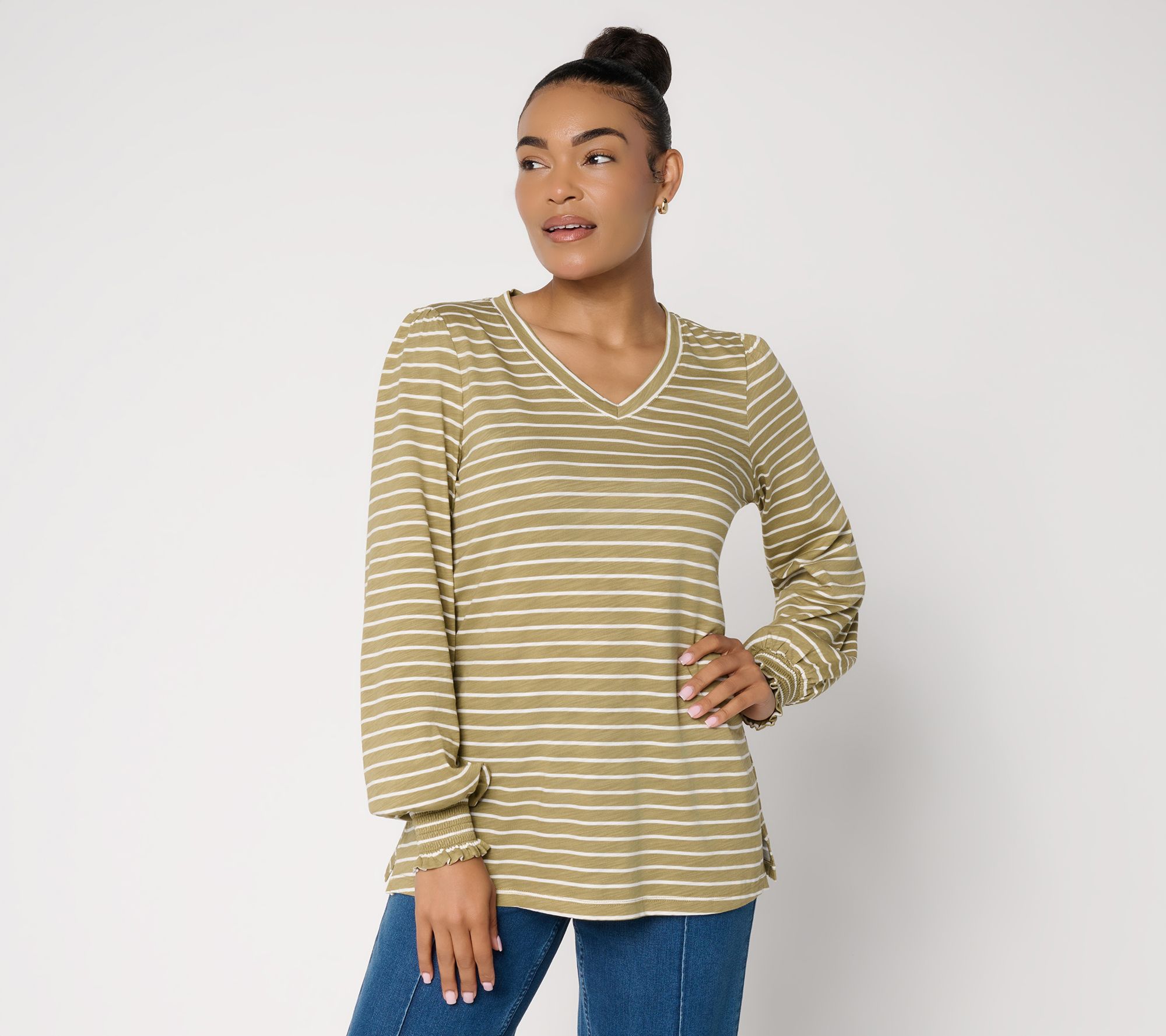 Belle by Kim Gravel Slub Knit Pinstripe V Neck Top
