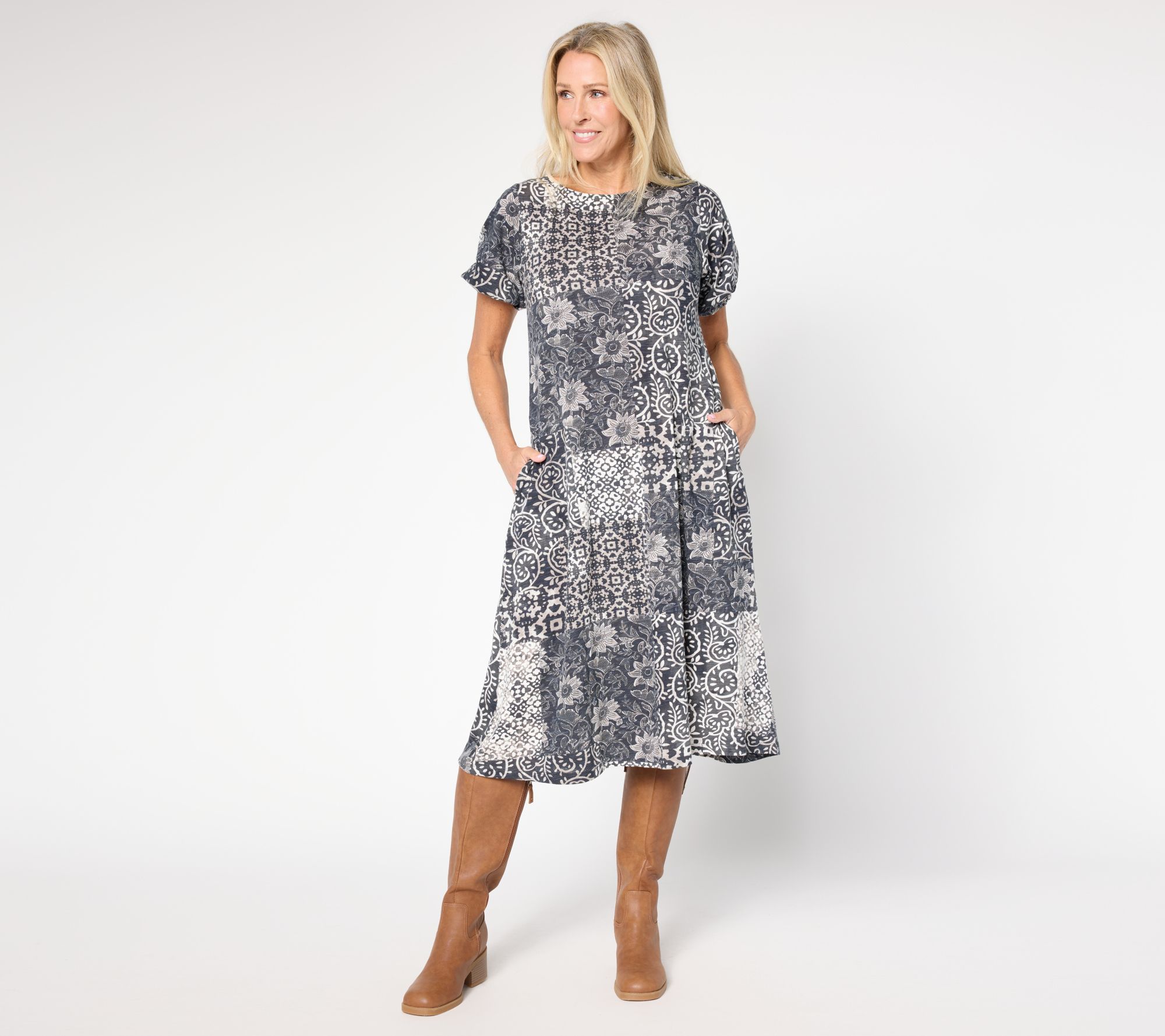 LOGO by Lori Goldstein Regular Cotton Patchwork Print Midi Dress