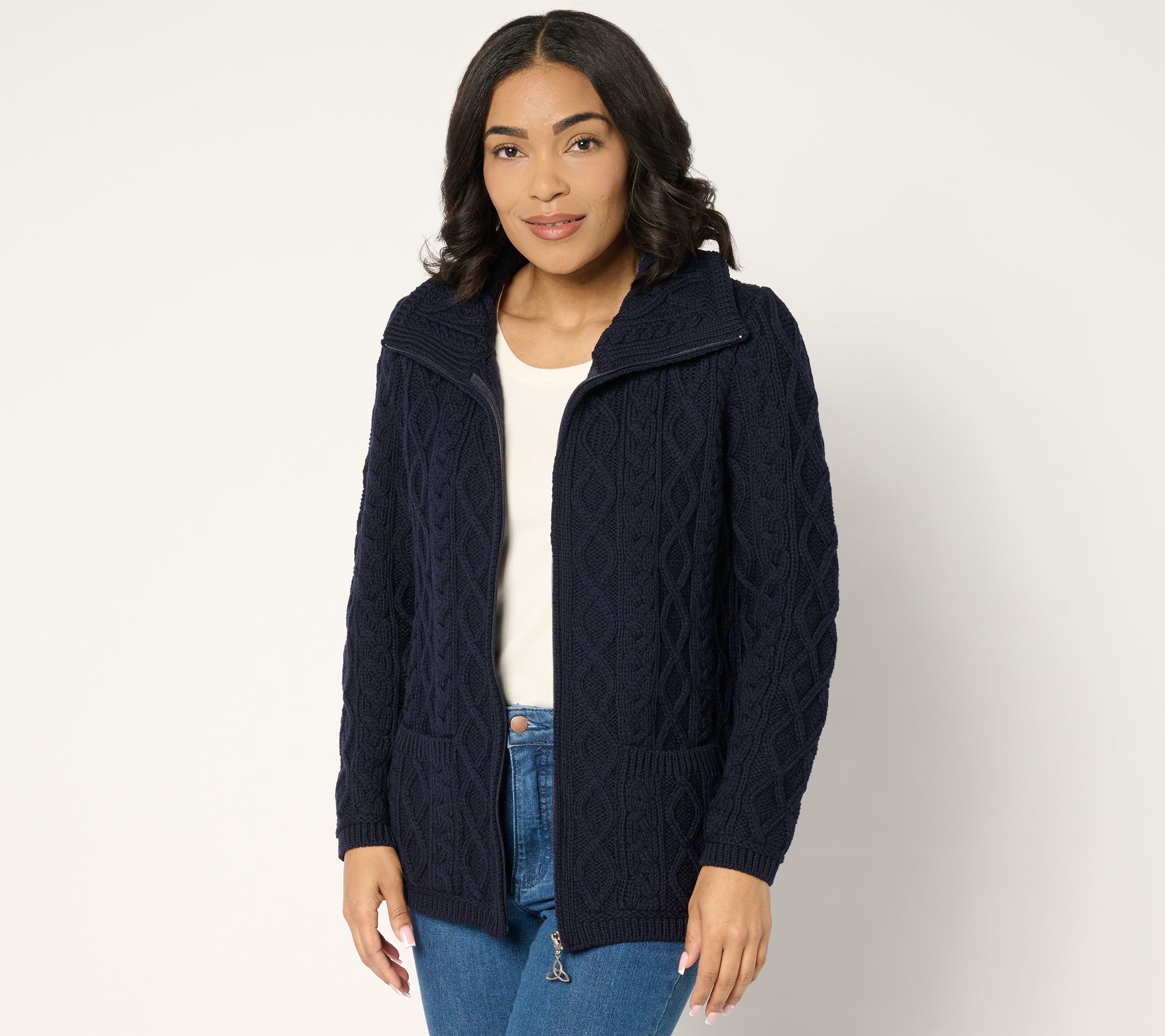 "As Is" Aran Crafts Merino Wool Zip-Front Sweater with Pockets