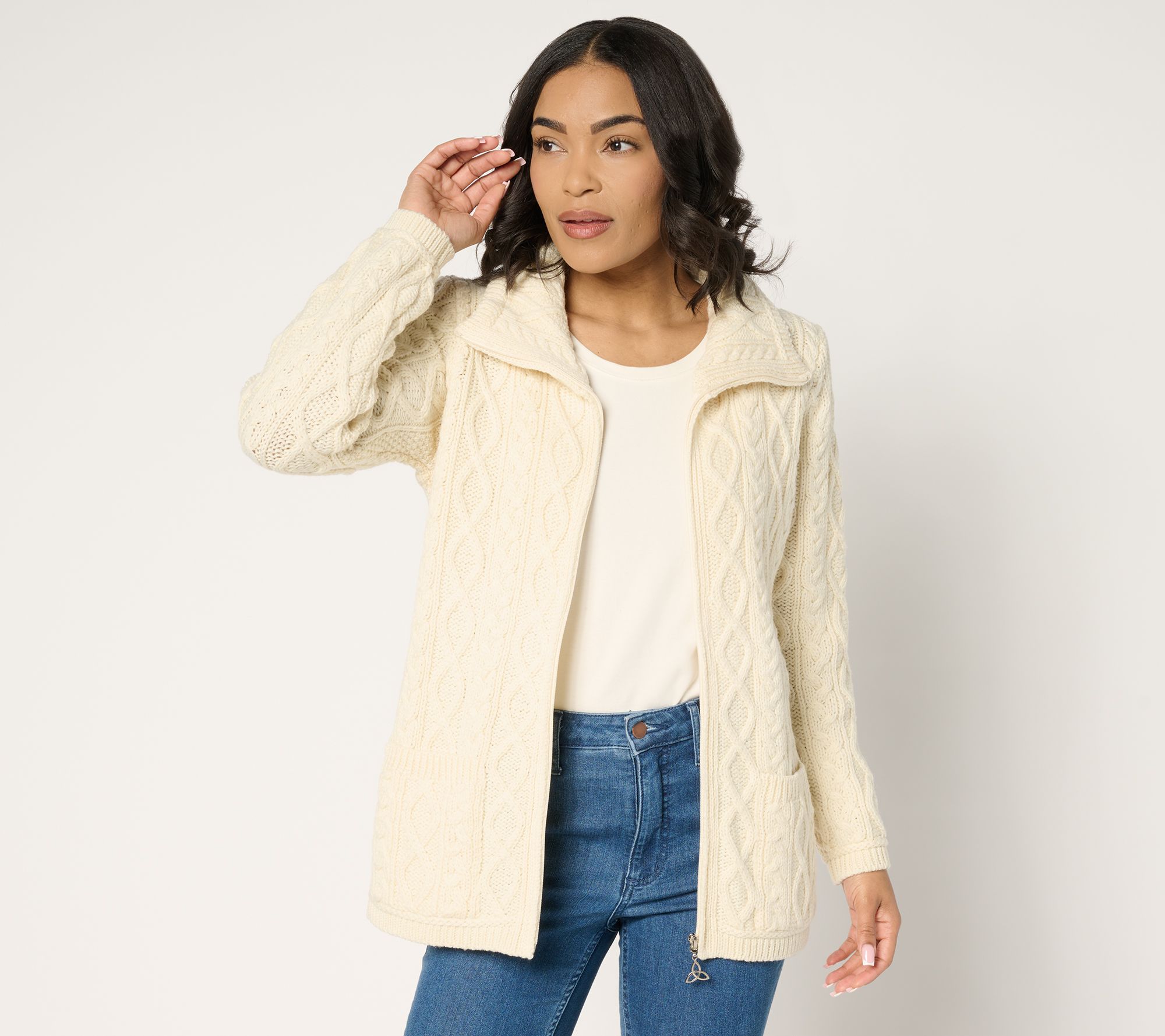 "As Is" Aran Crafts Merino Wool Zip-Front Sweater with Pockets