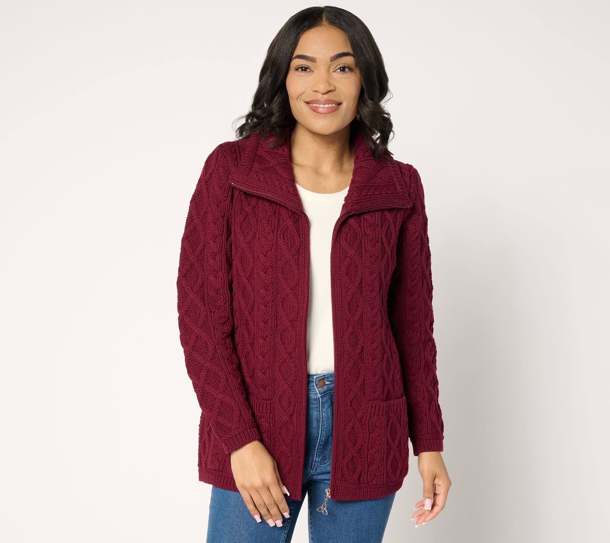 "As Is" Aran Crafts Merino Wool Zip-Front Sweater with Pockets
