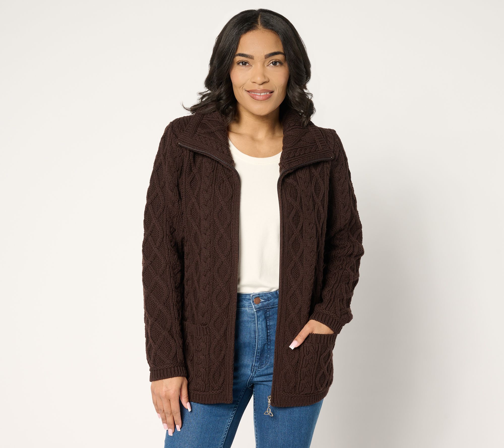 "As Is" Aran Crafts Merino Wool Zip-Front Sweater with Pockets