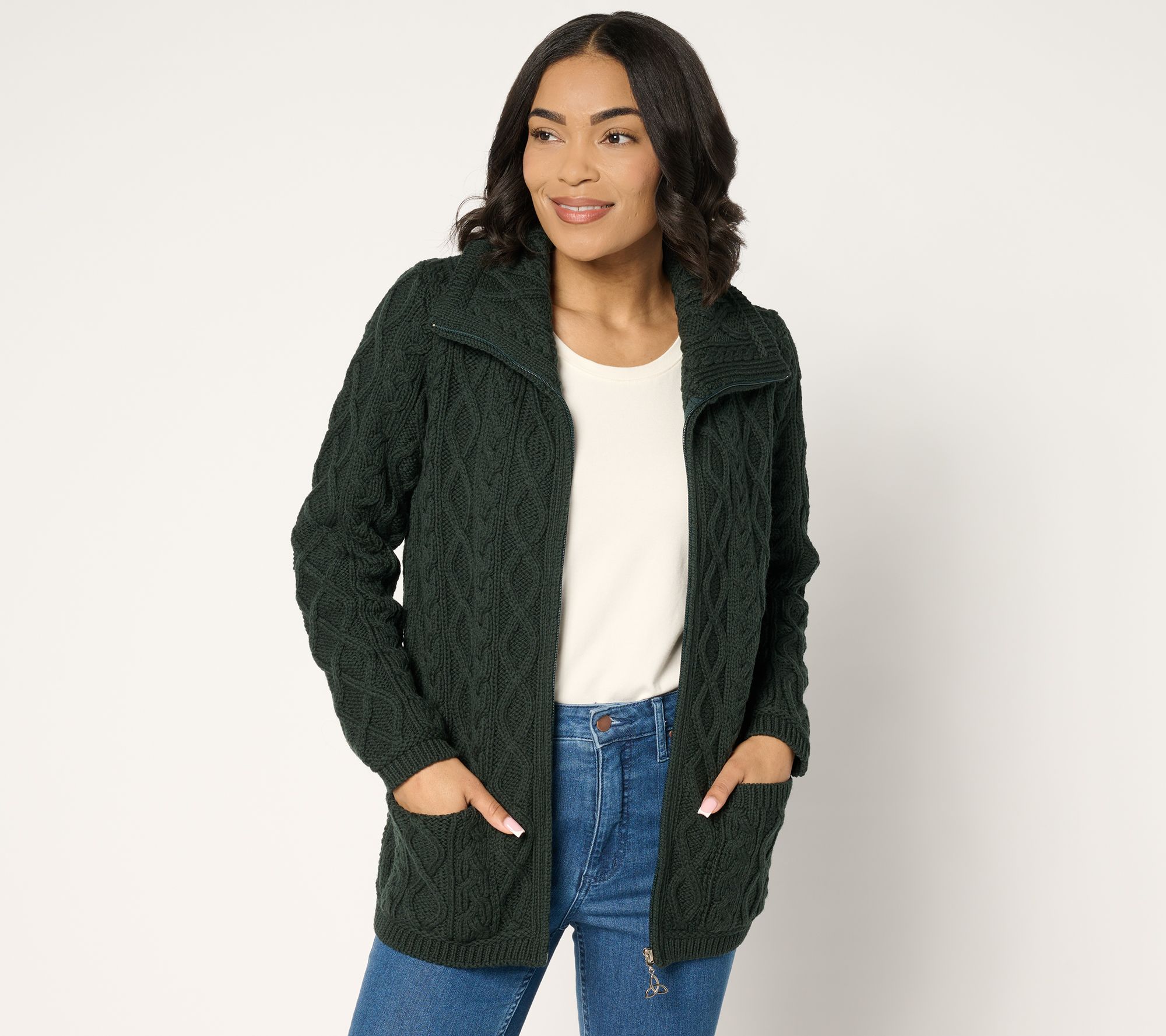 "As Is" Aran Crafts Merino Wool Zip-Front Sweater with Pockets