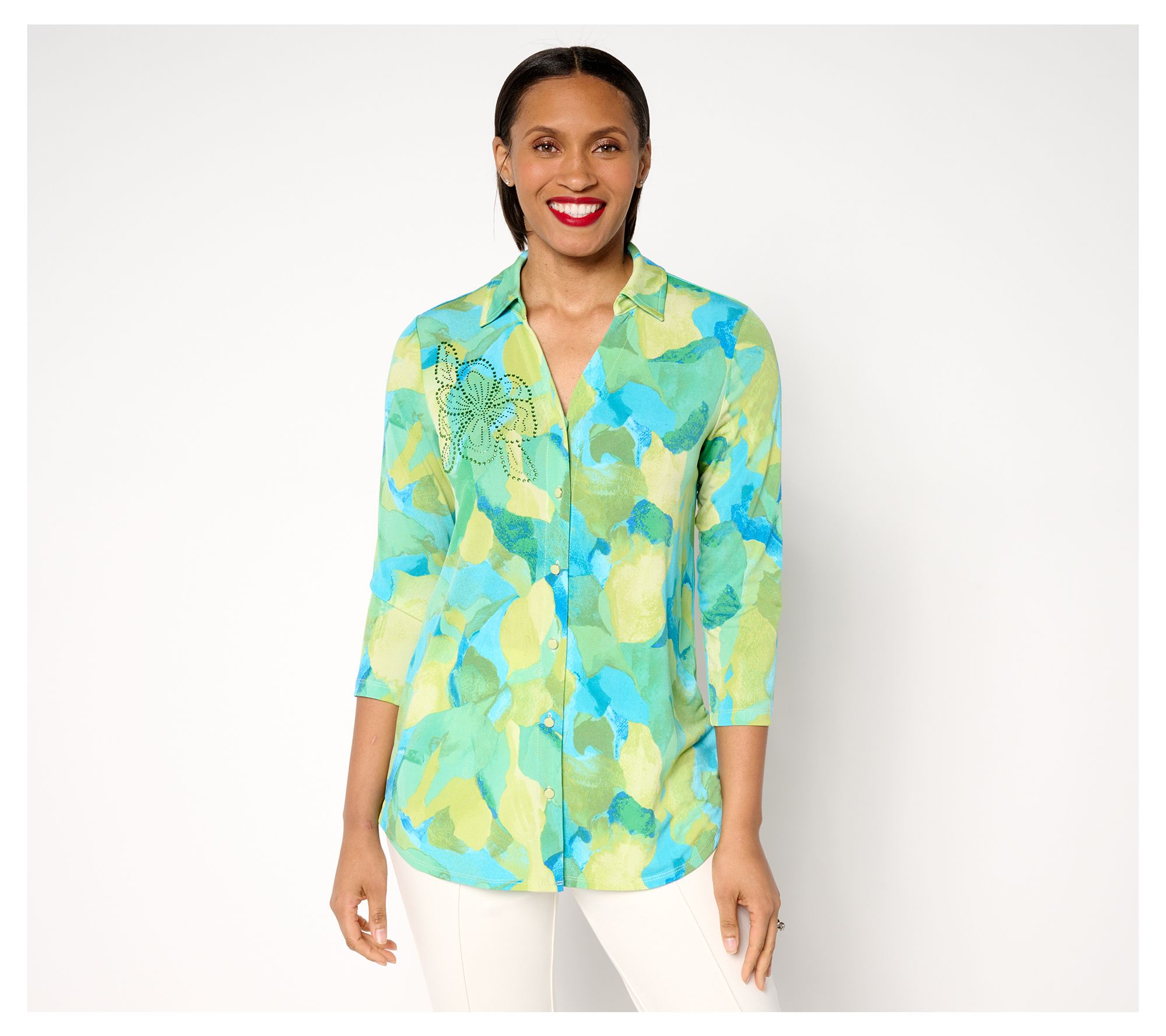 "As Is" Susan Graver Petite Printed Liquid Knit Tunic w/ Embellishment