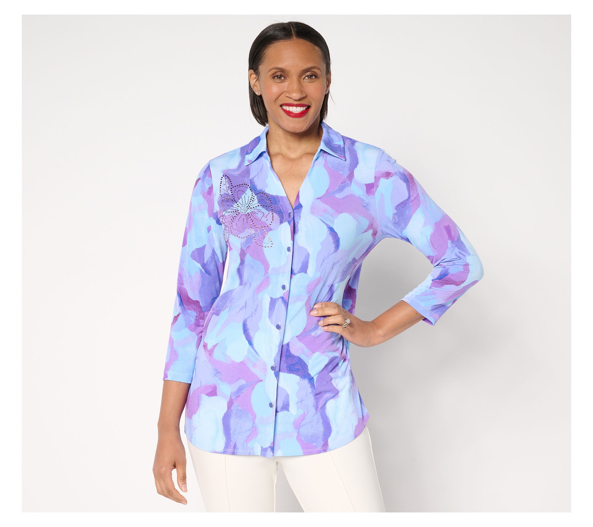 "As Is" Susan Graver Petite Printed Liquid Knit Tunic w/ Embellishment