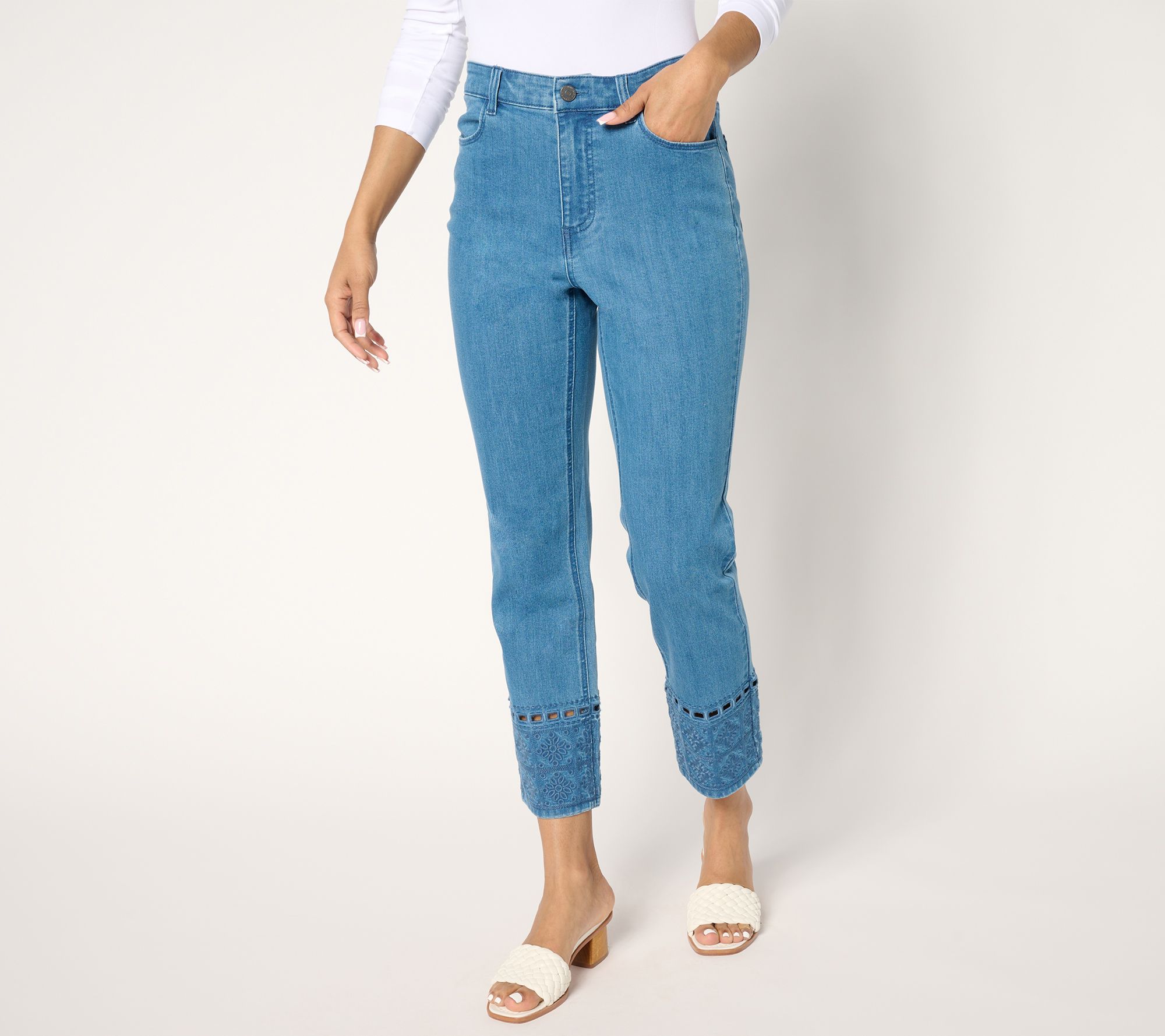 "As Is" Susan Graver Regular Stretch Denim Embroidered Ankle Jean