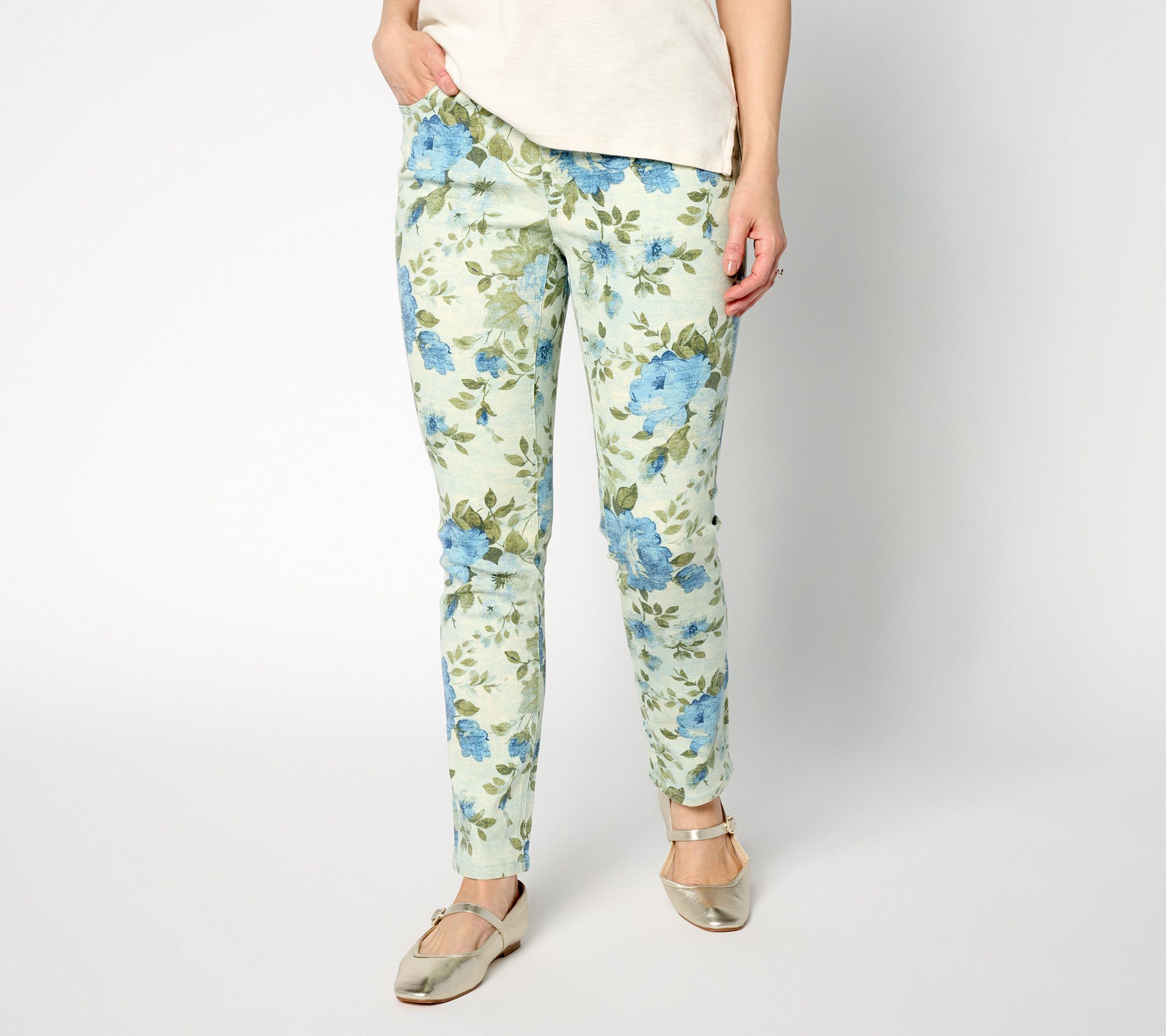 "As Is" Denim & Co. Reg Printed Floral Classic Stretch Ankle Jeans
