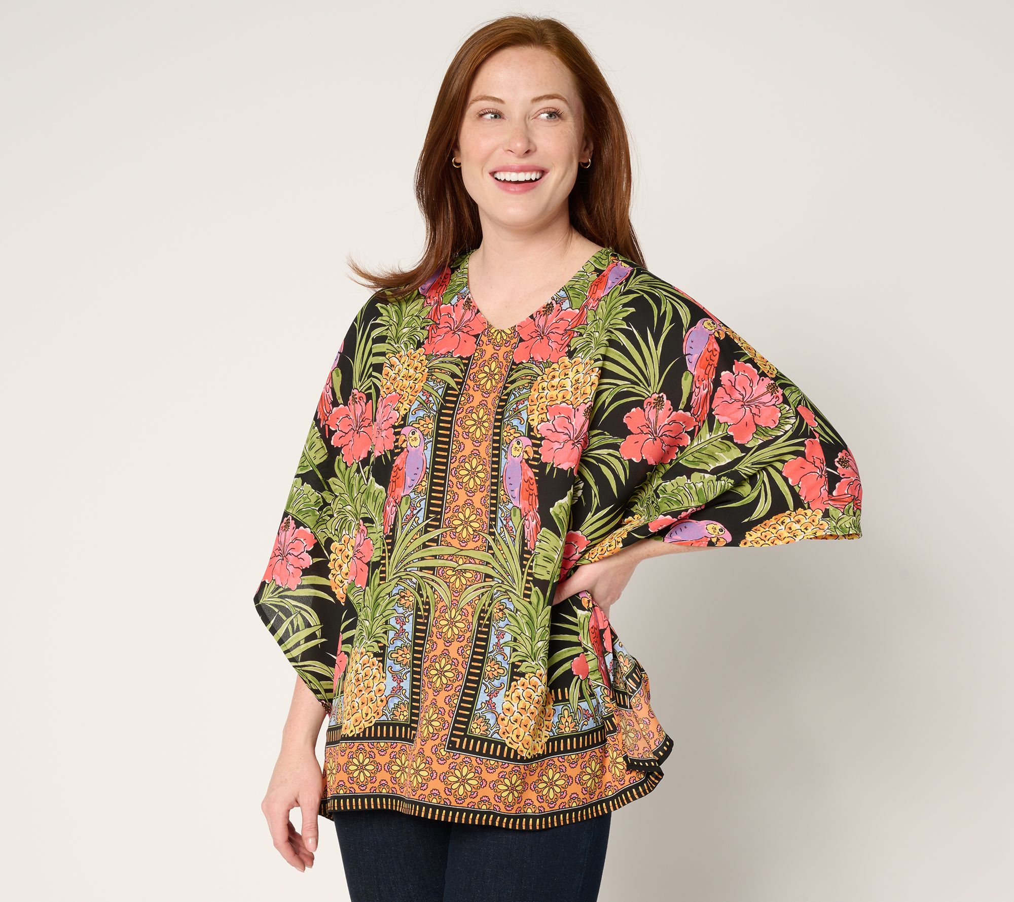 "As Is" Quacker Factory Tropical Heat Border Print Top