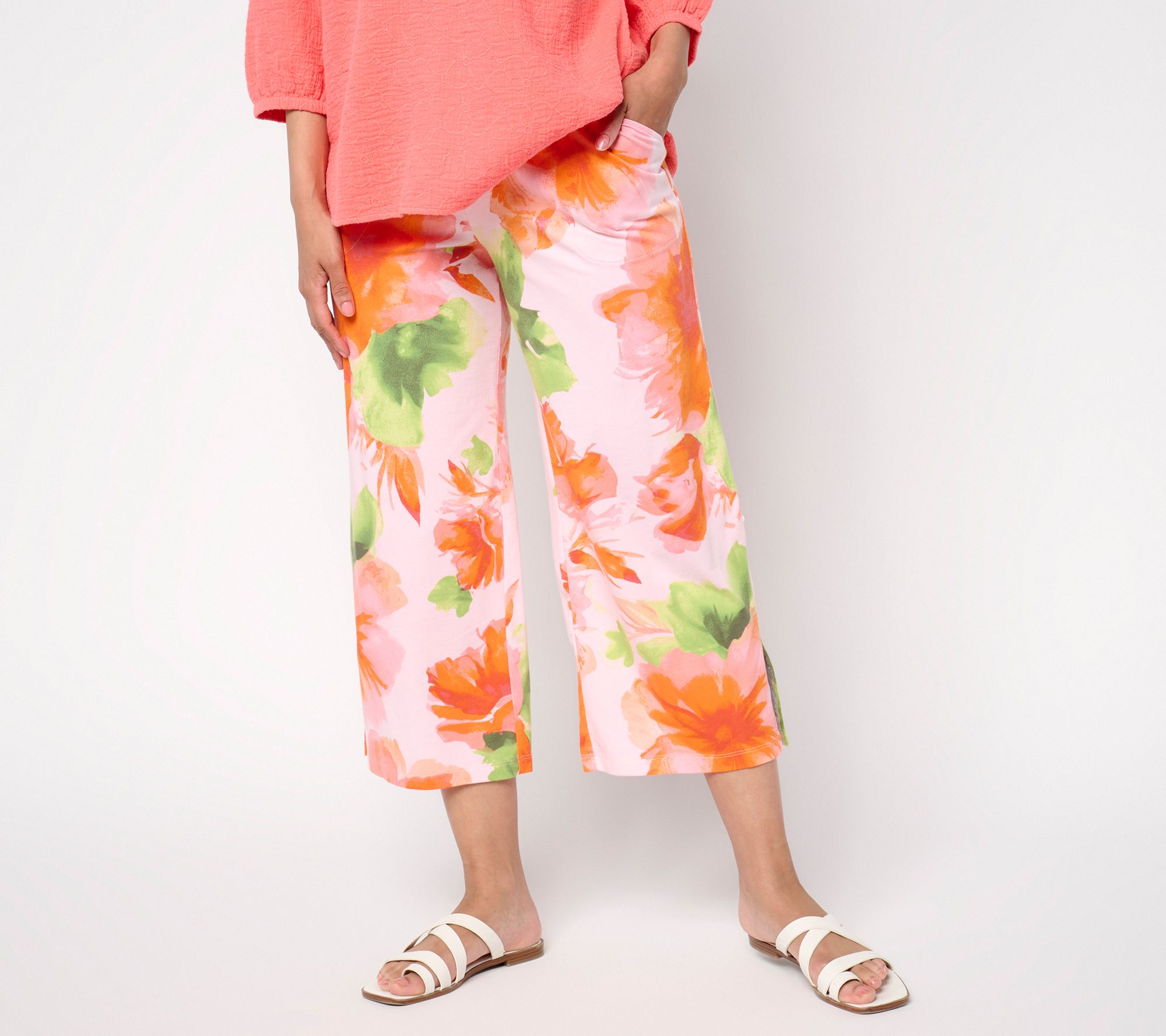 "As Is" Denim & Co. Beach Jersey Petite Print or Solid Wide Leg Crop