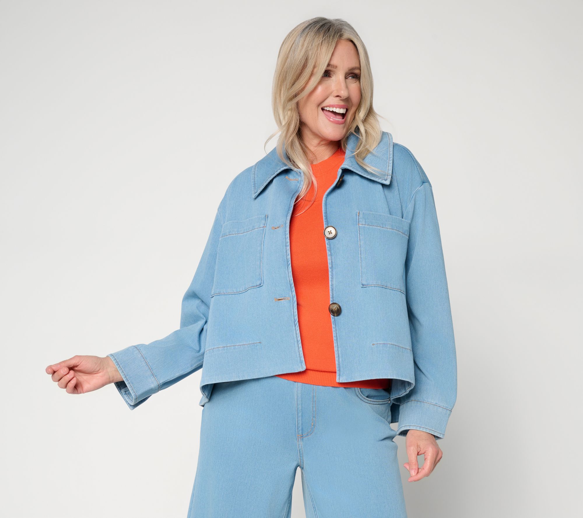 Carla Rockmore Collection Hi-Lo Downtown Knit Denim Swing Jacket