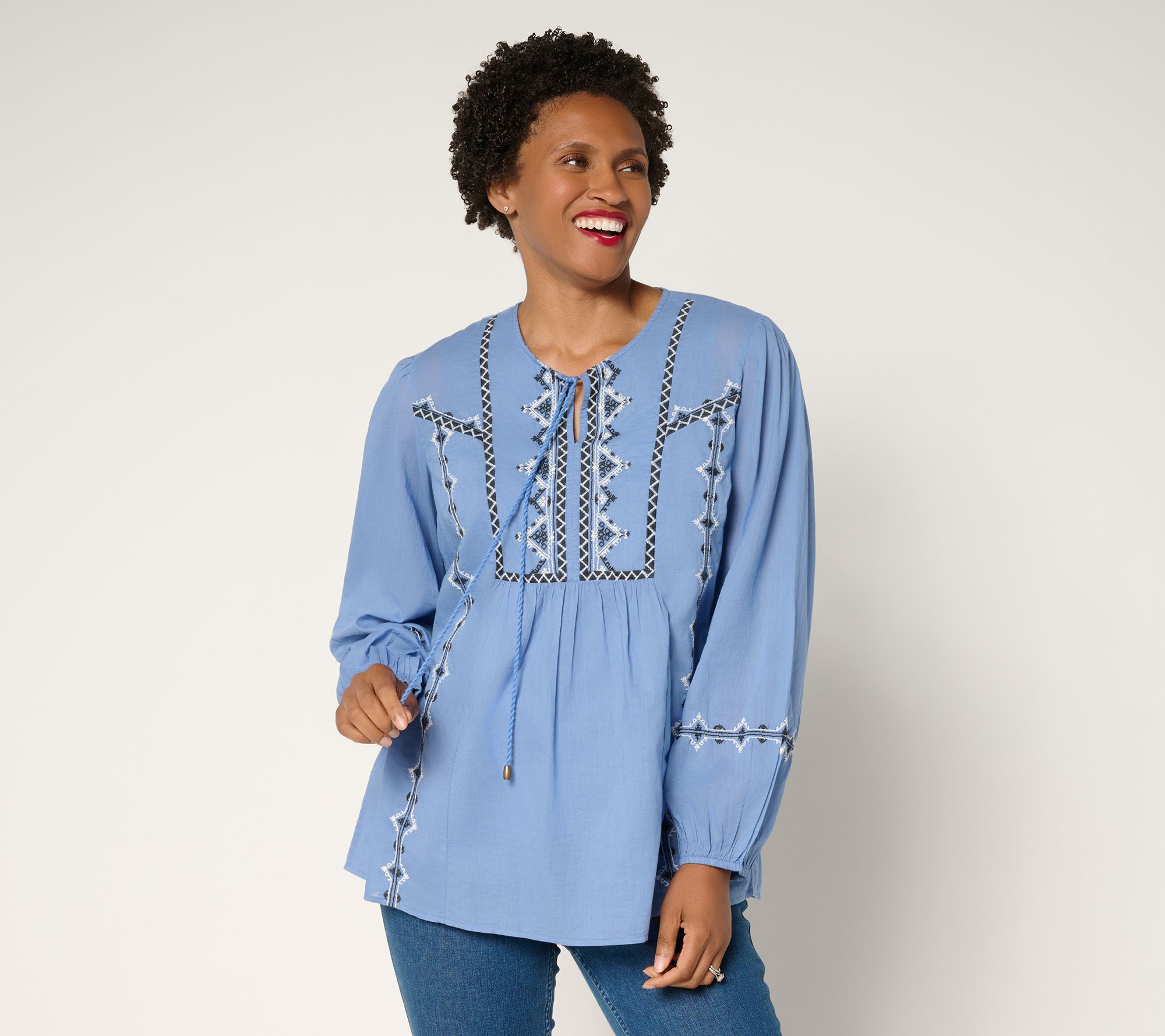 "As Is" Ree by The Pioneer Woman Woven Embroidered Tie Neck Tunic