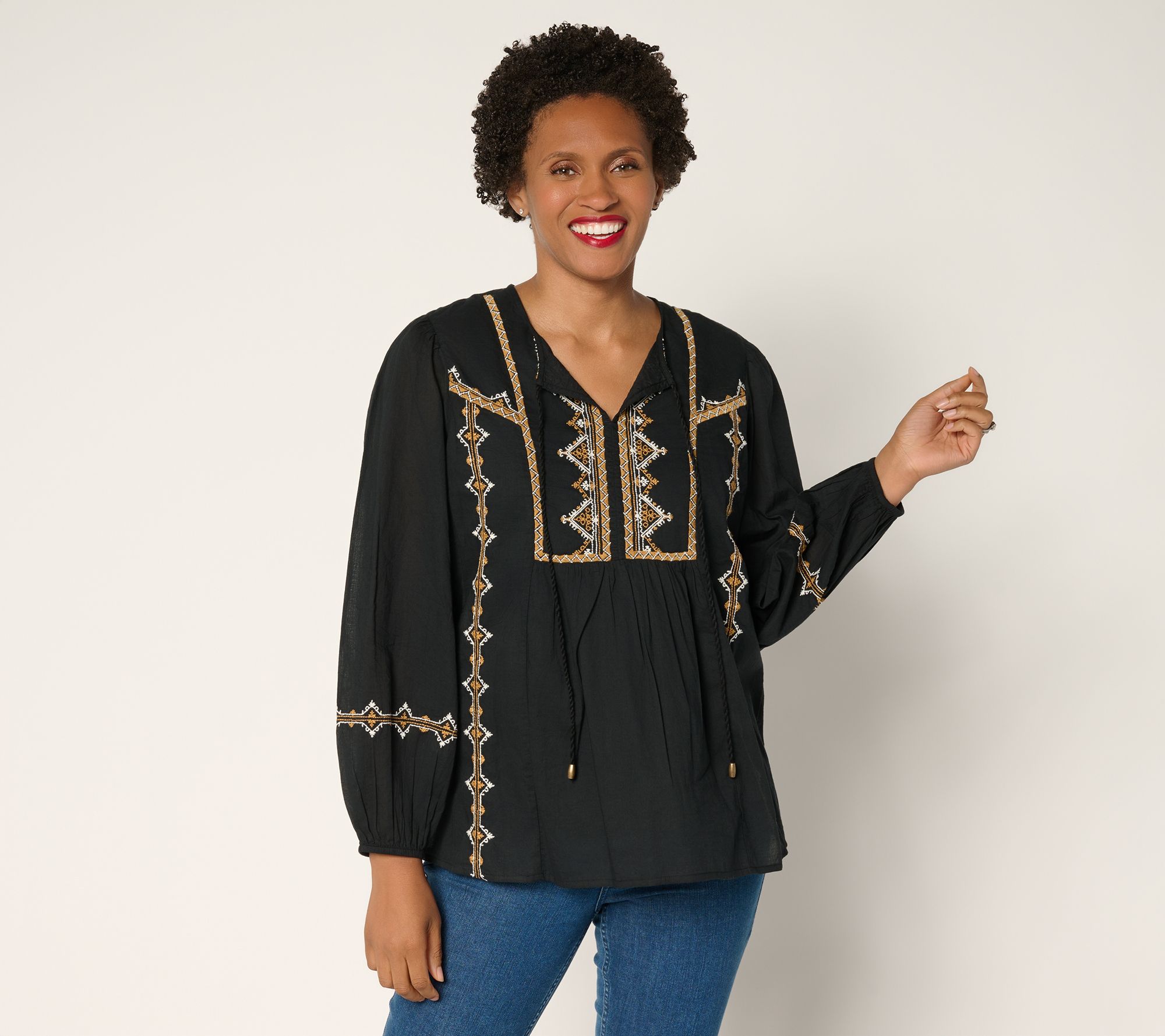 "As Is" Ree by The Pioneer Woman Woven Embroidered Tie Neck Tunic