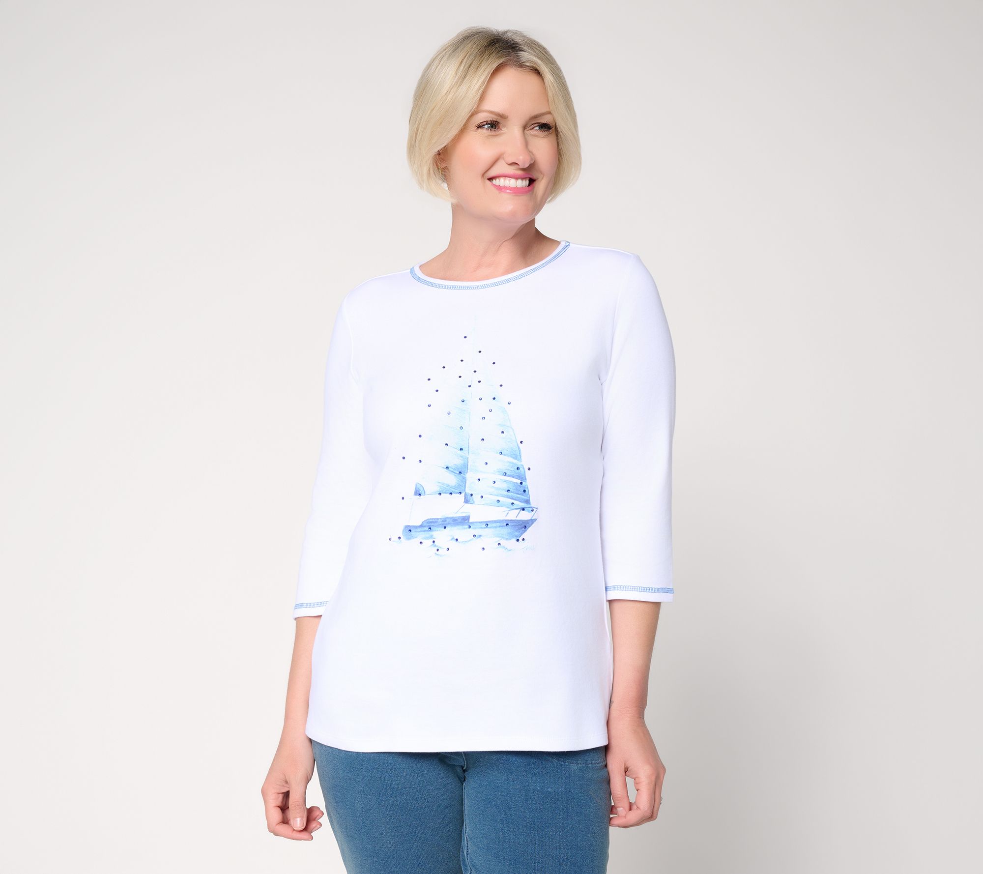 Quacker Factory Smooth Sailing Watercolor Print 3/4 Sleeve Top