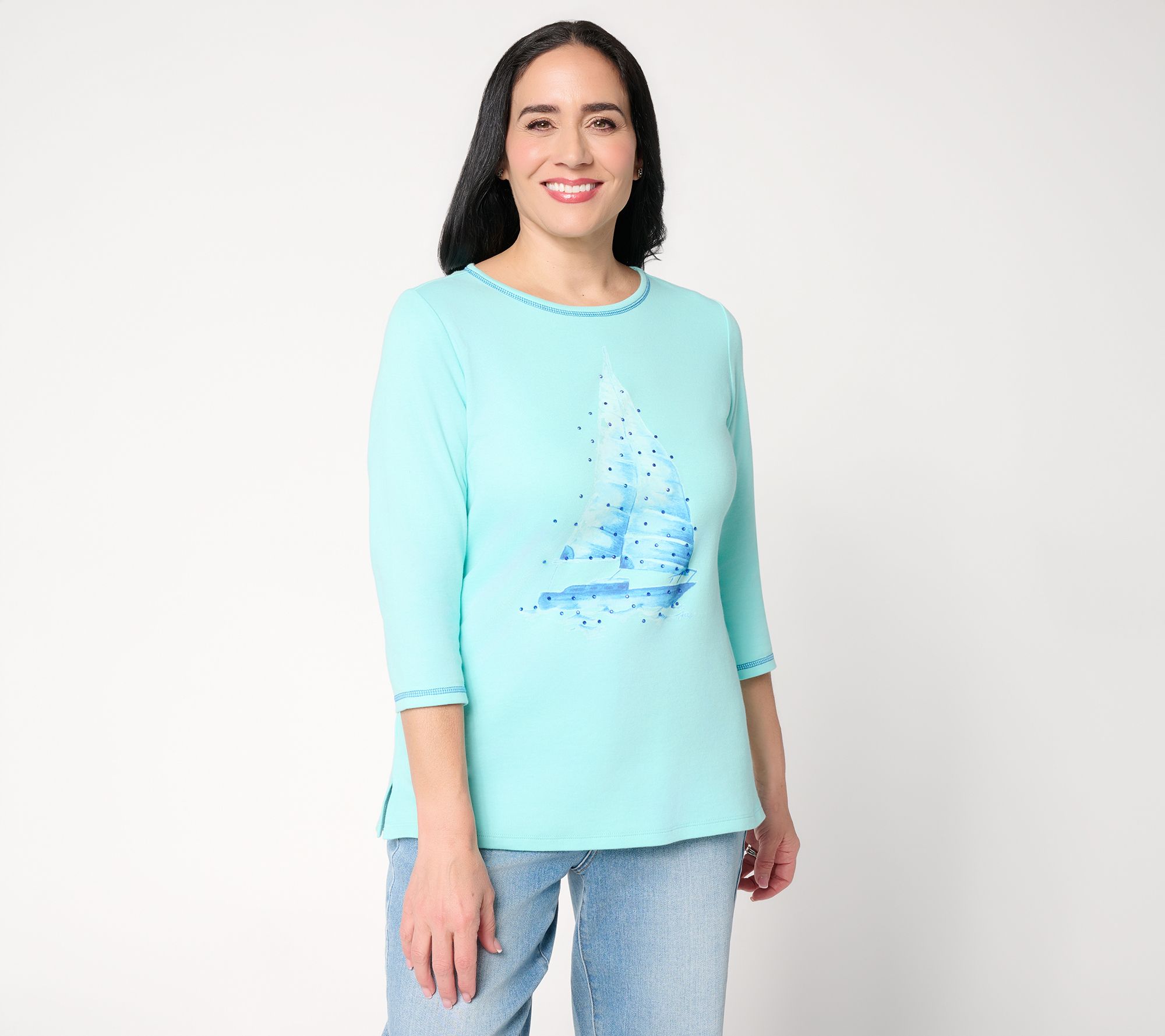 Quacker Factory Smooth Sailing Watercolor Print 3/4 Sleeve Top