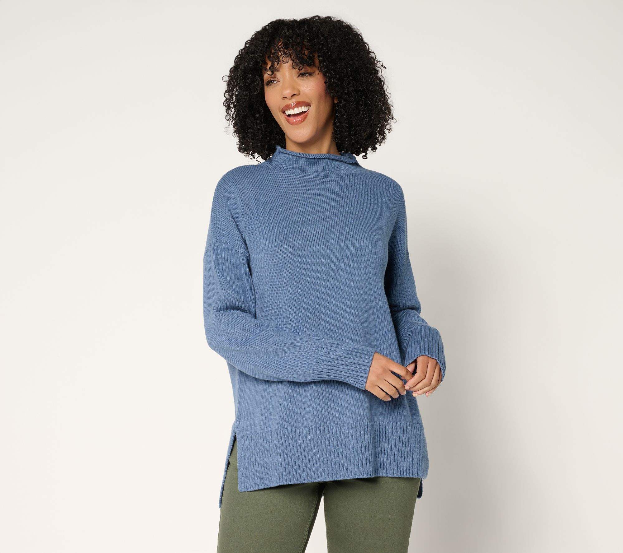 "As Is" LOGO by Lori Goldstein 100% Cotton Funnel Neck Hi Low Sweater