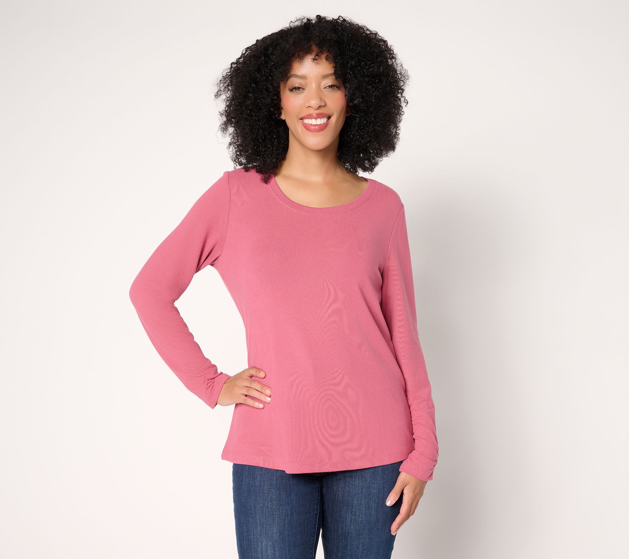 "As Is" Denim & Co. Essentials Heavenly Jersey Top with Ruched Sleeve