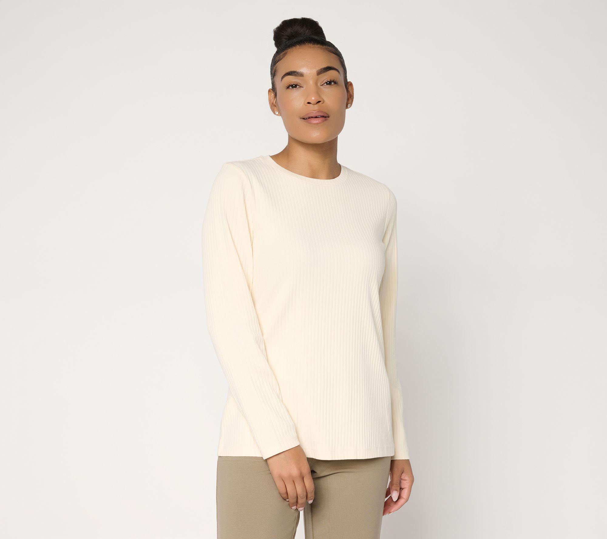 "As Is" Denim & Co. Essentials Rib Knit Long Sleeve Crew Neck Top
