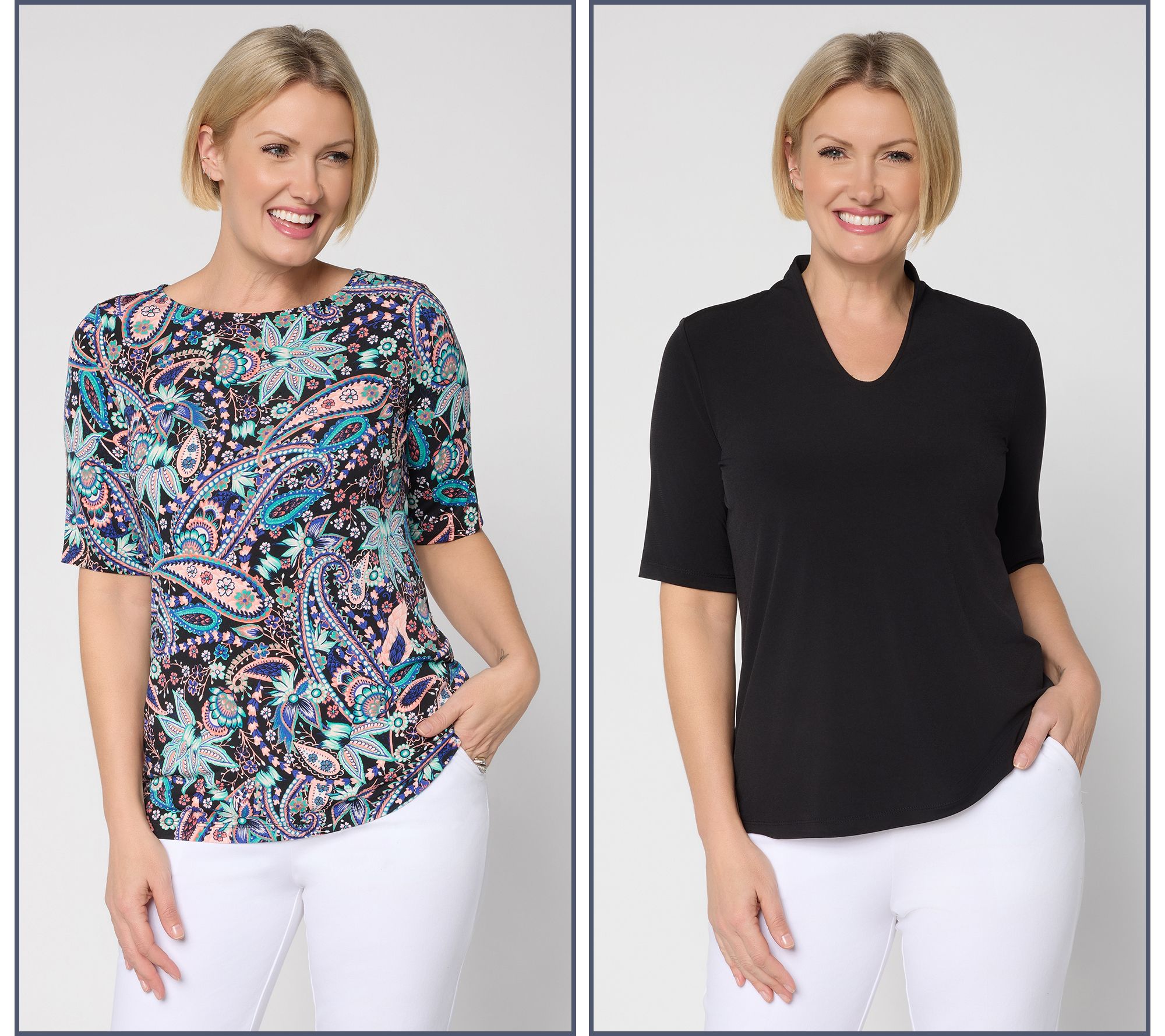 "As Is" Susan Graver Petite Set of 2 Print & Solid Liquid Knit Tops